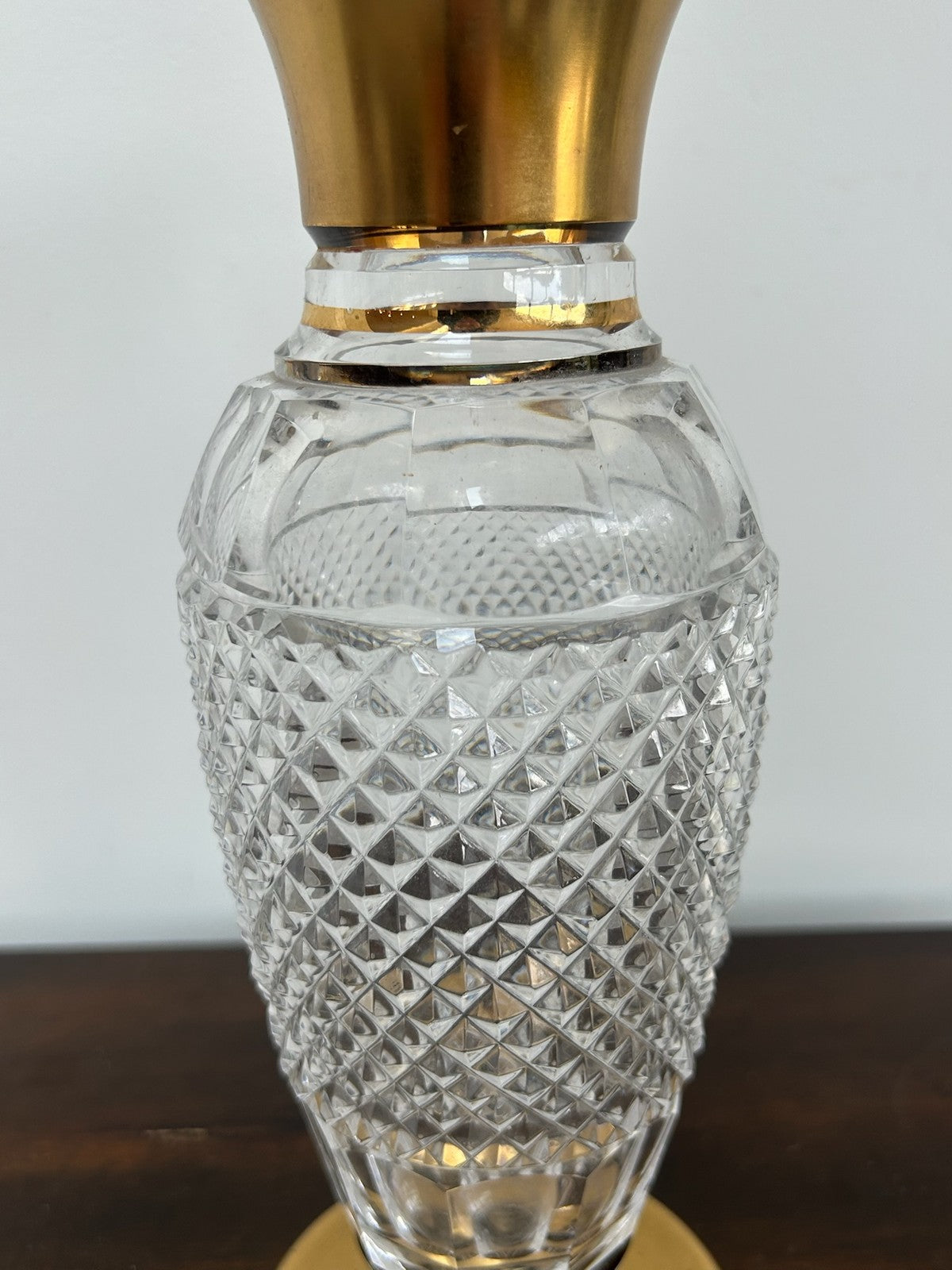 Bohemian Diamond Cut Crystal Vase Gilt Mounted Rim & Foot 25cm2