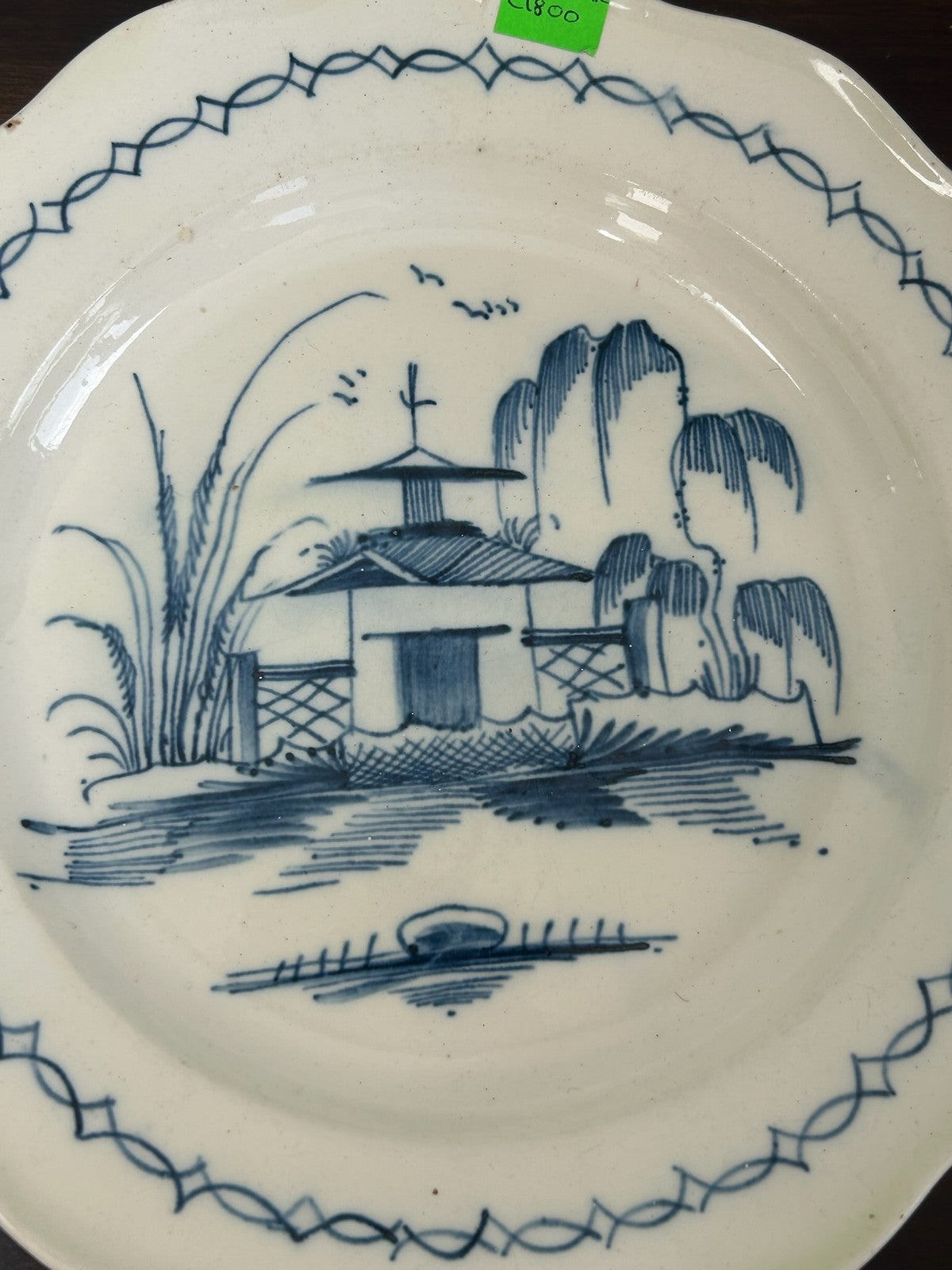Antique Pearlware Plate Hand Painted Blue Chinoiserie Pagoda Willow Shaped Rim5