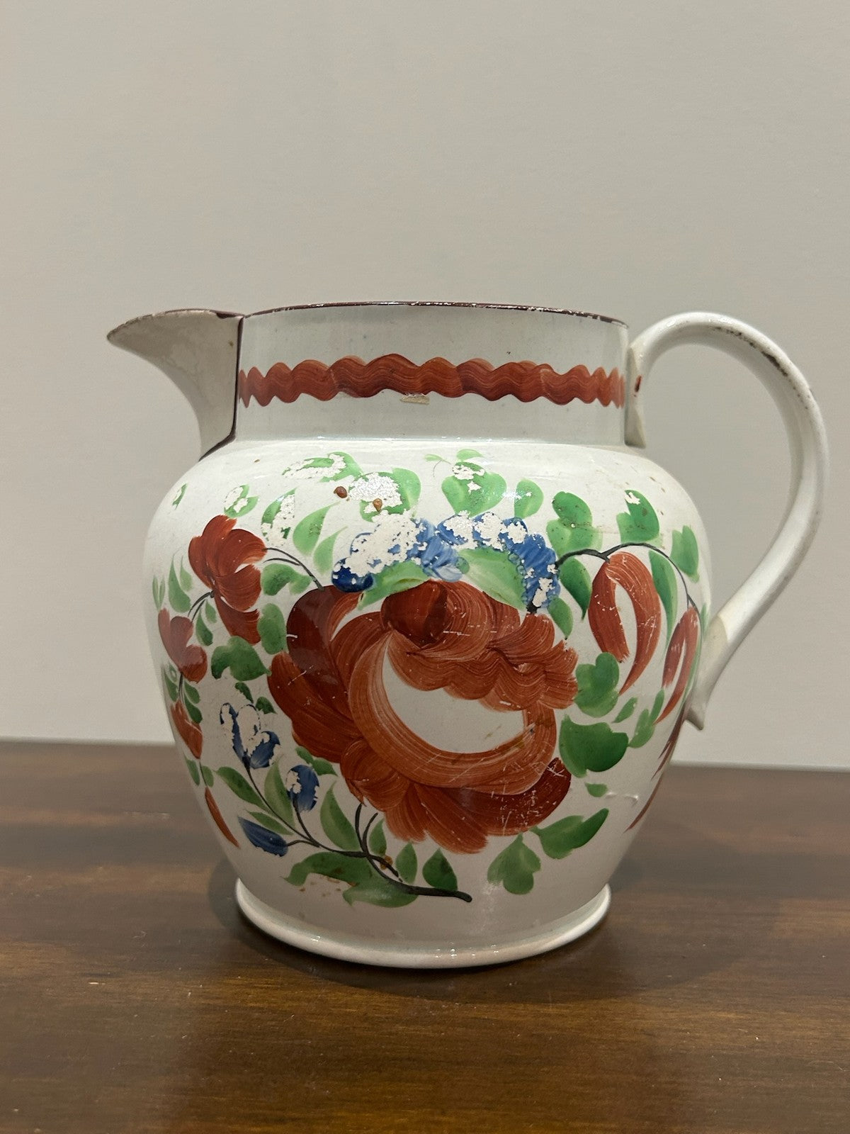 Georgian Pearlware Jug Hand Painted Enamel Red Roses Brown Rim c.18202
