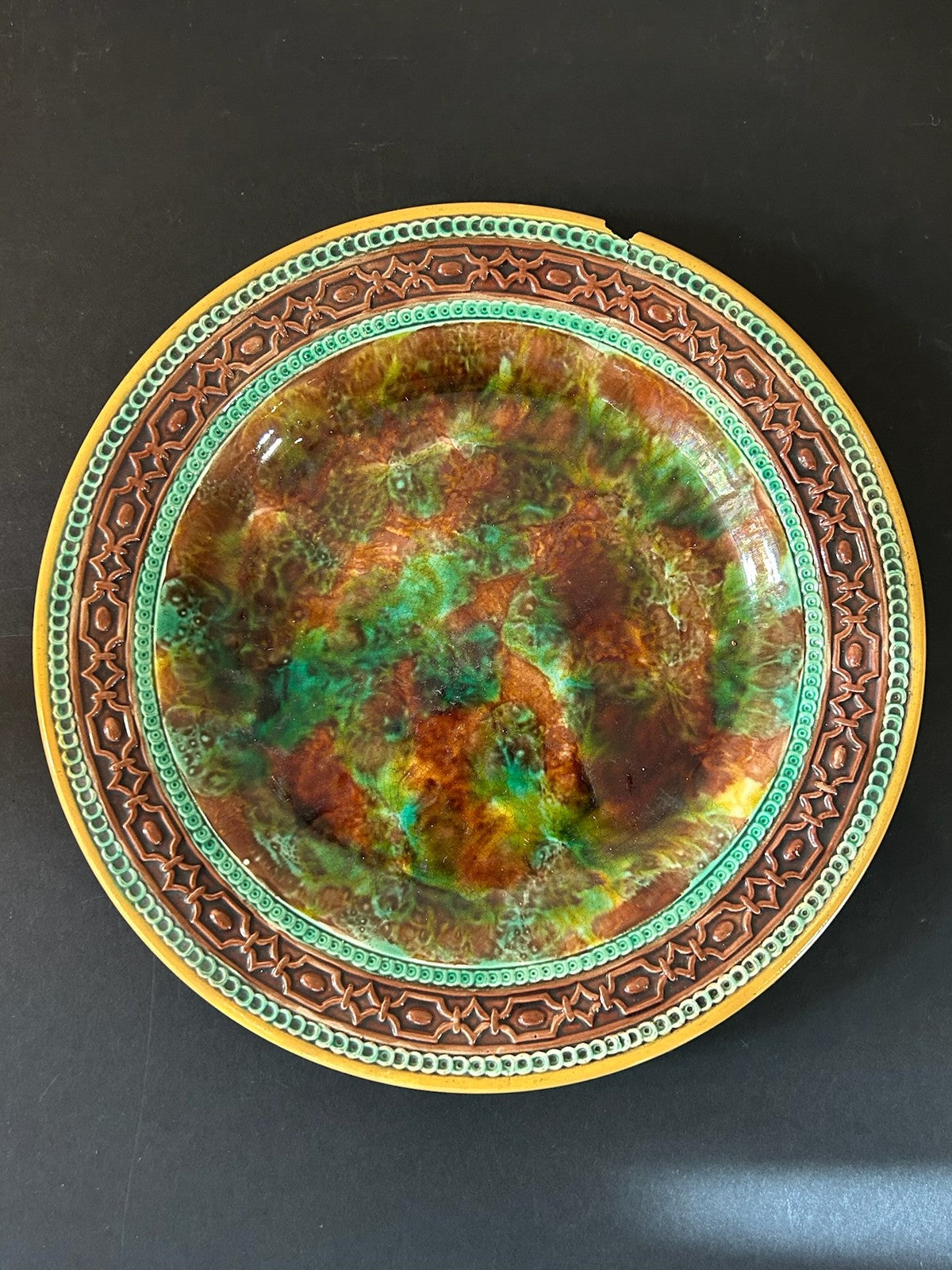 Antique George Jones Majolica Plate GJ Monogram Mottled Glaze Victorian 23cm A/F1