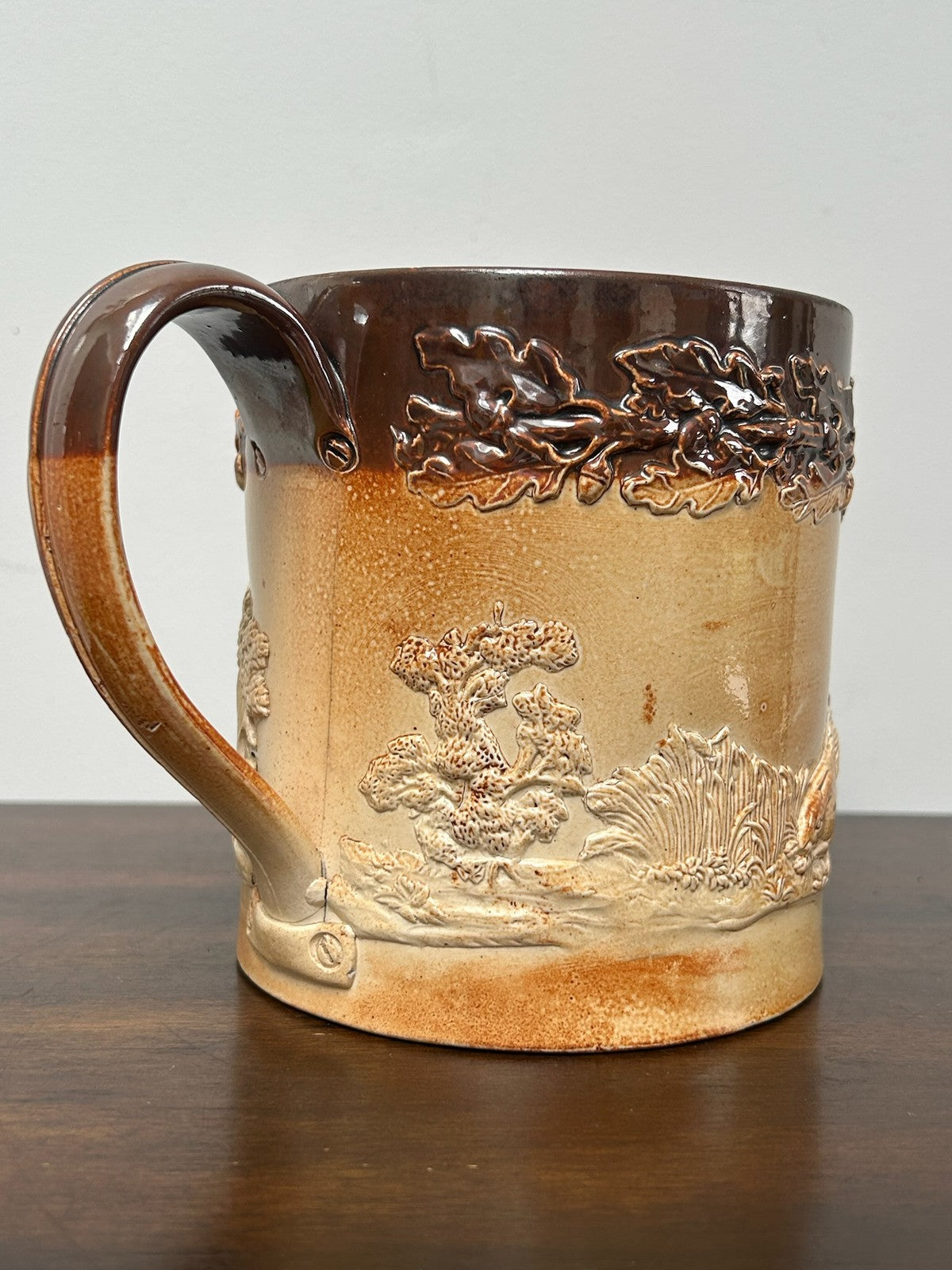 Antique Salt Glaze Stoneware Mug Hunting Relief 19thC Two Tone Brown2