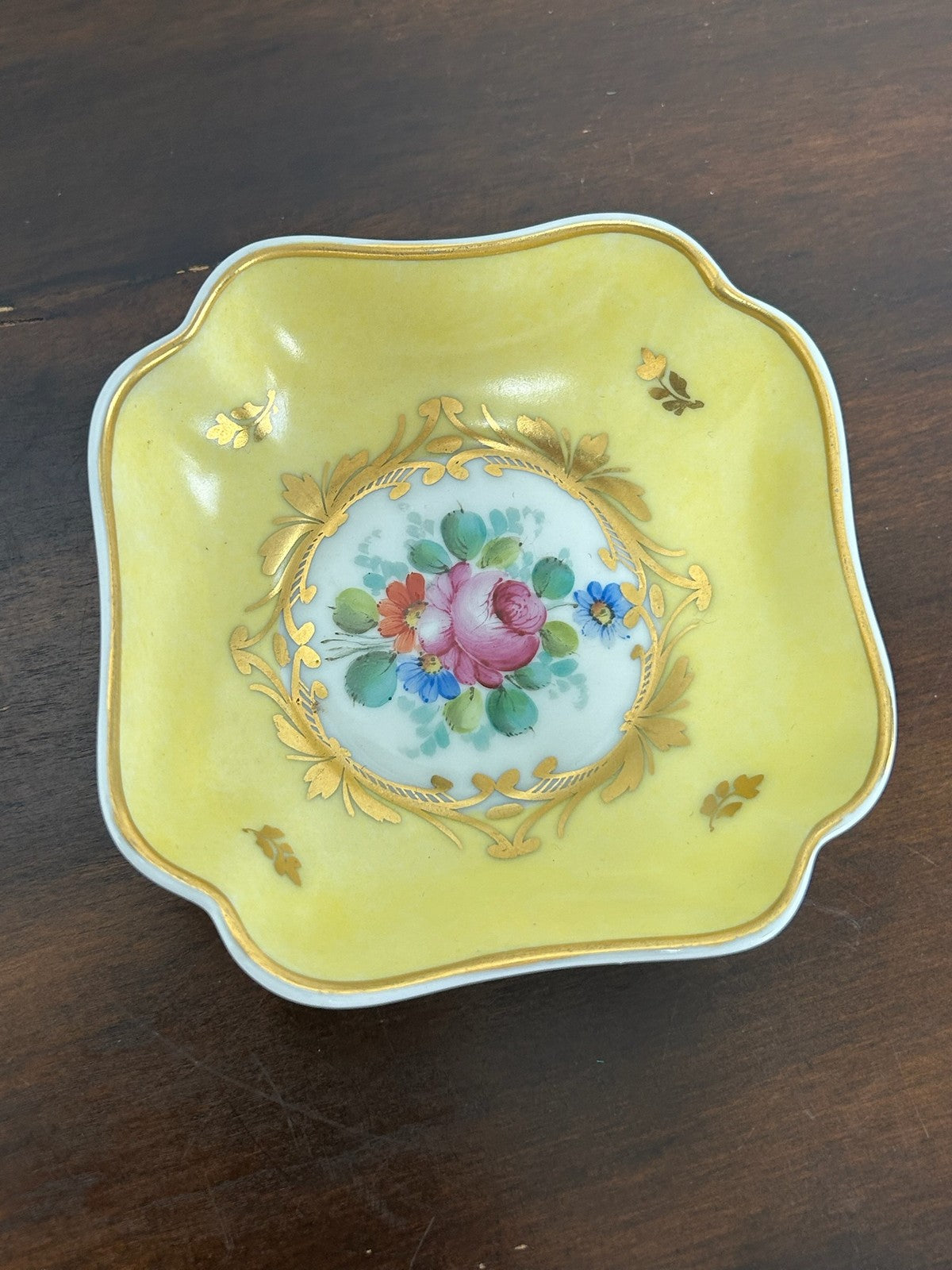 Hand Painted Yellow Ground Cabinet Dish Floral Signed French 10cm1