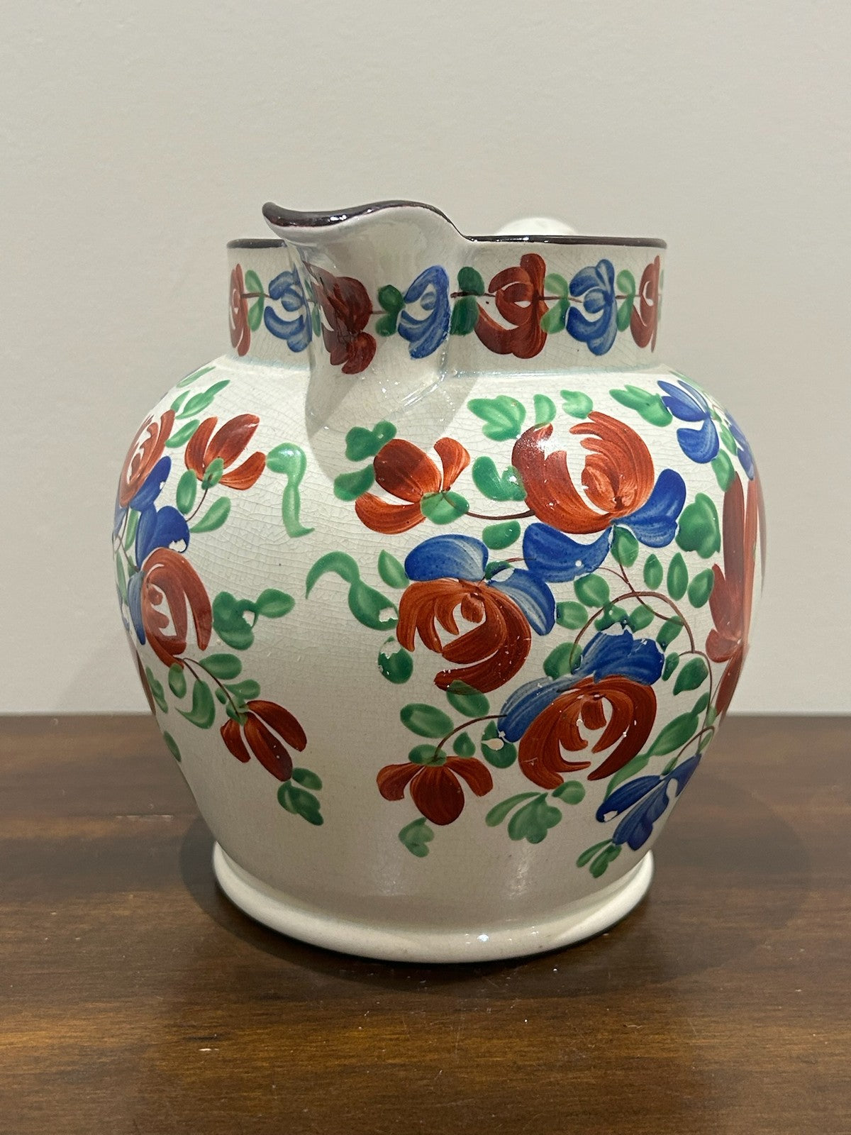 Georgian Pearlware Jug Hand Painted Enamel Red Roses Blue Border c.18201