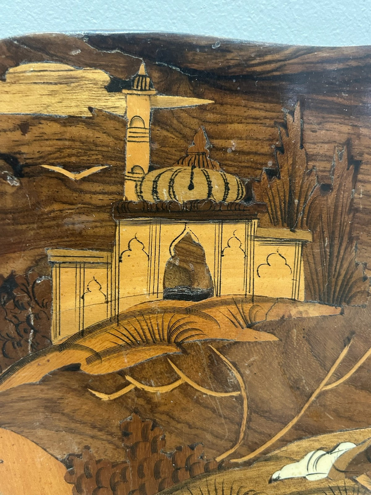 Antique Indo Persian Sorrento Marquetry Wall Plaque Reclining Sage Sufi2