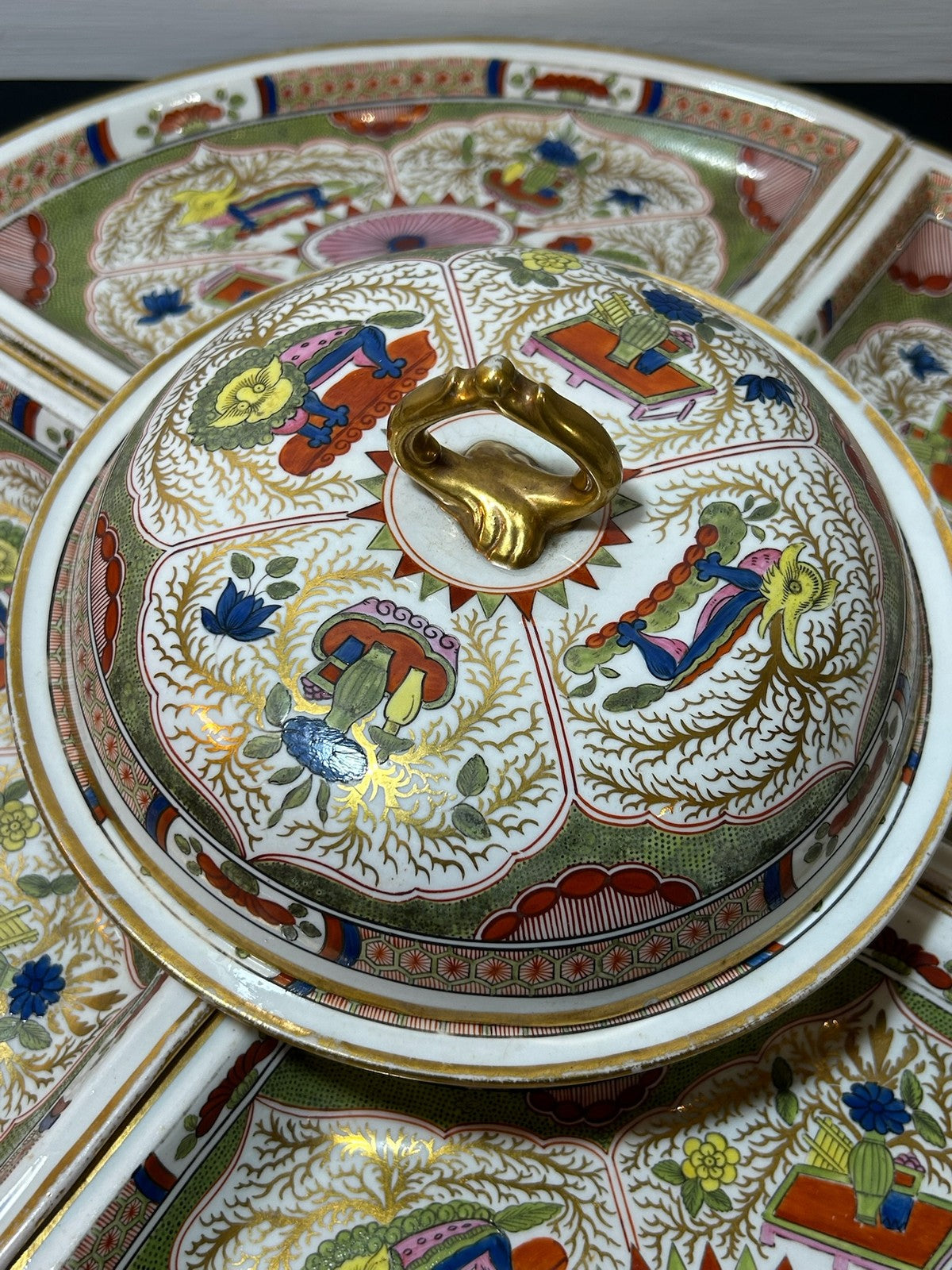Antique Regency Supper Set Dragons in Compartments Covered Centre Quadrants AF7