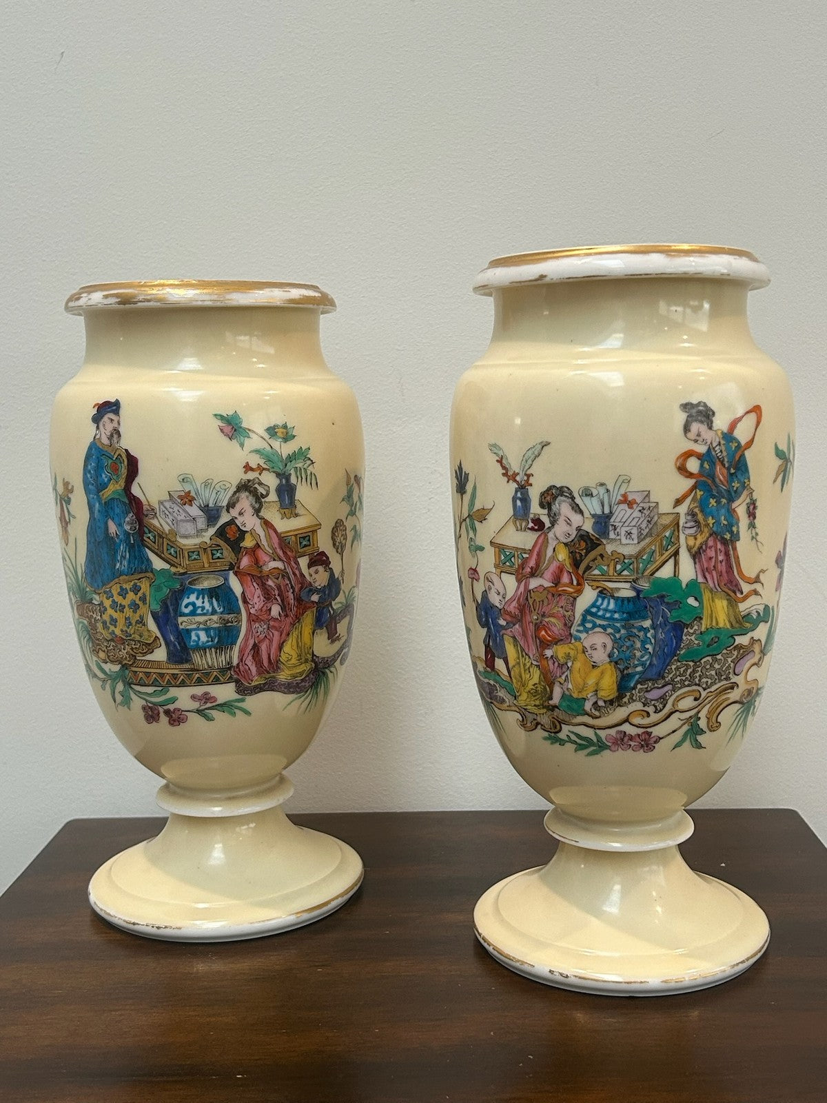 Pair Antique Victorian French Opaline Glass Chinoiserie Vases Hand Enamelled3