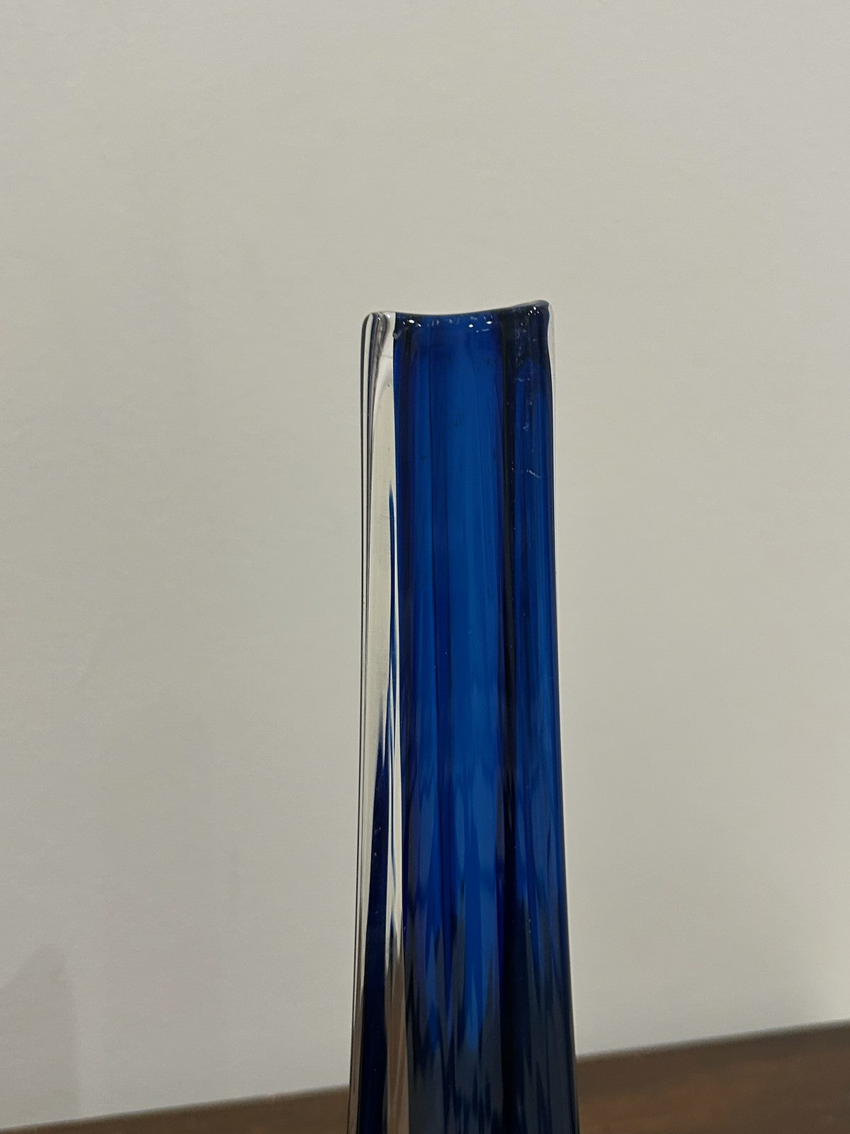Mid Century Blue Cased Glass Bud Vase Clear Base2