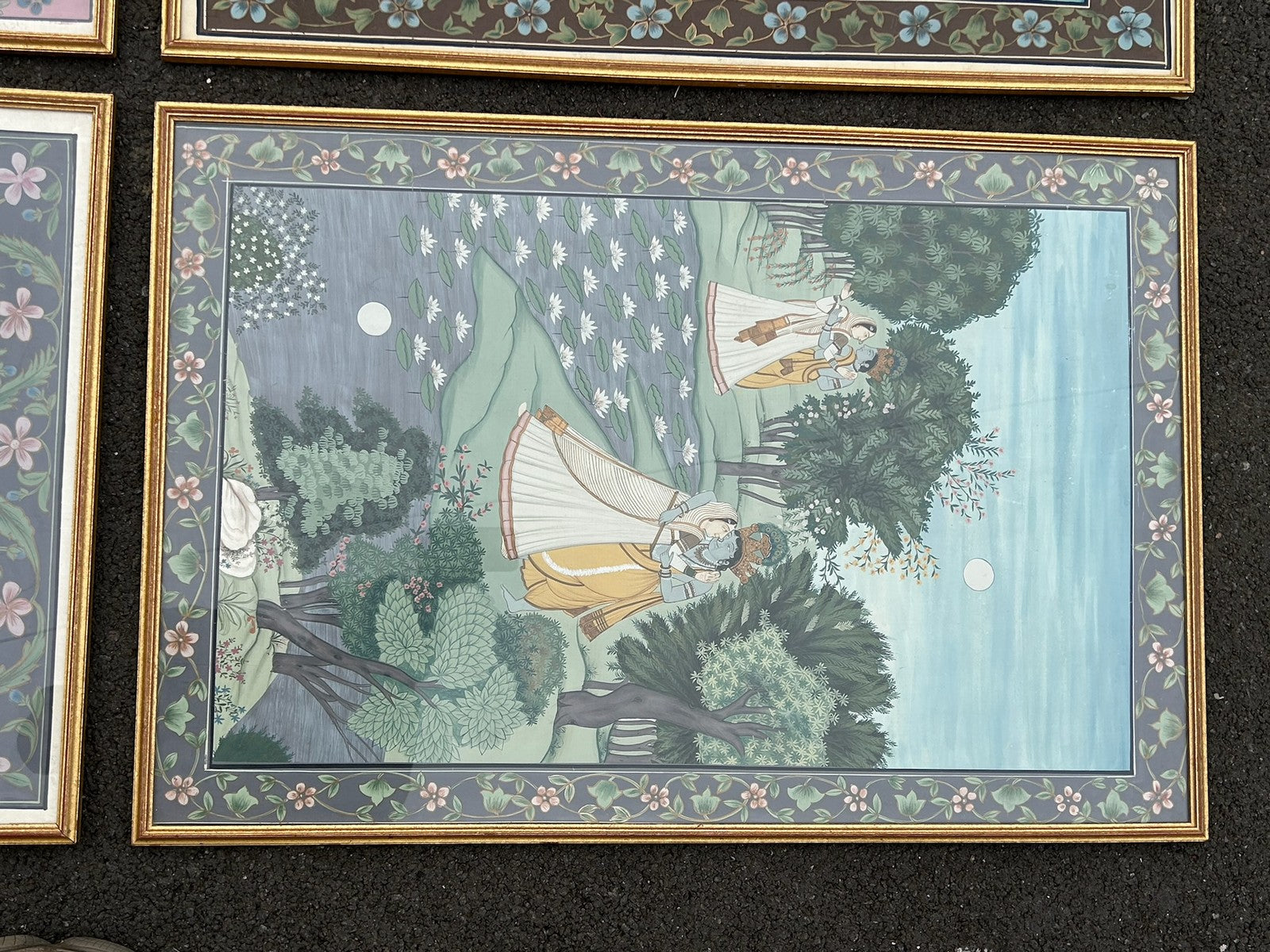 Set of 4 Framed Indian Paintings on Silk Vintage 1970s Love Scenes Large6