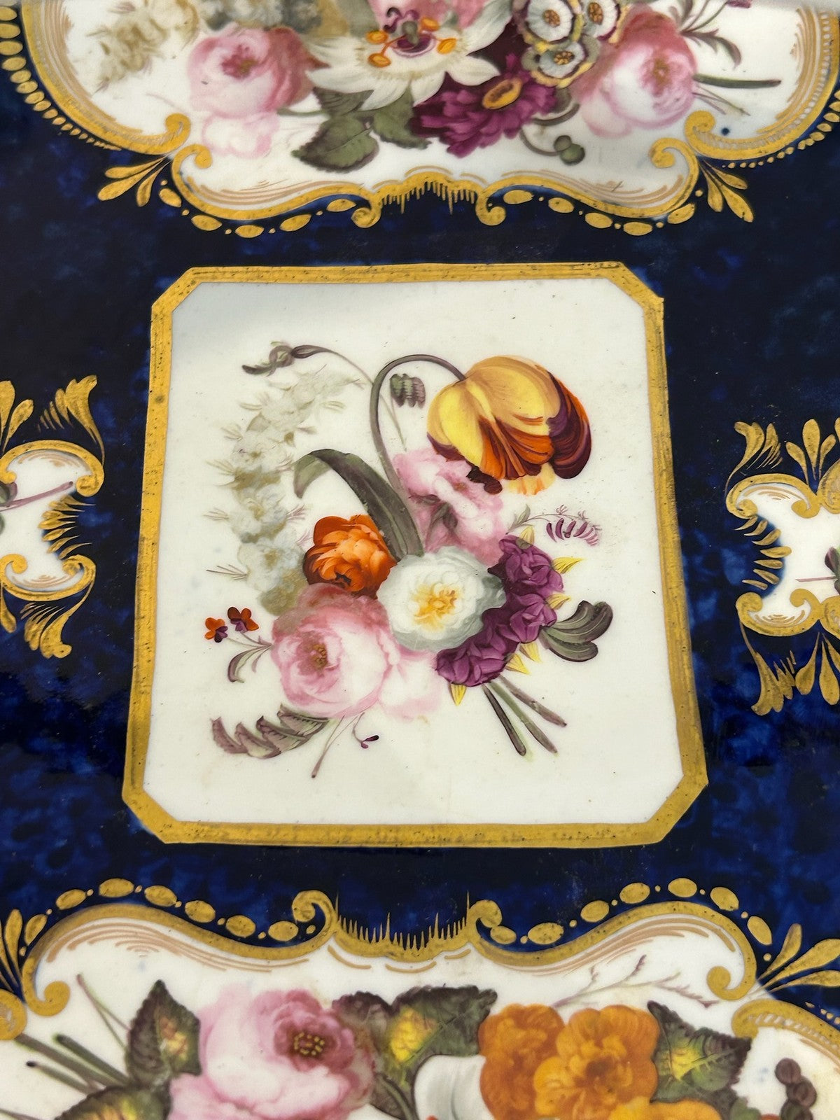 Antique English Porcelain Basket Cobalt Gilt Painted Flowers Handle A/F4