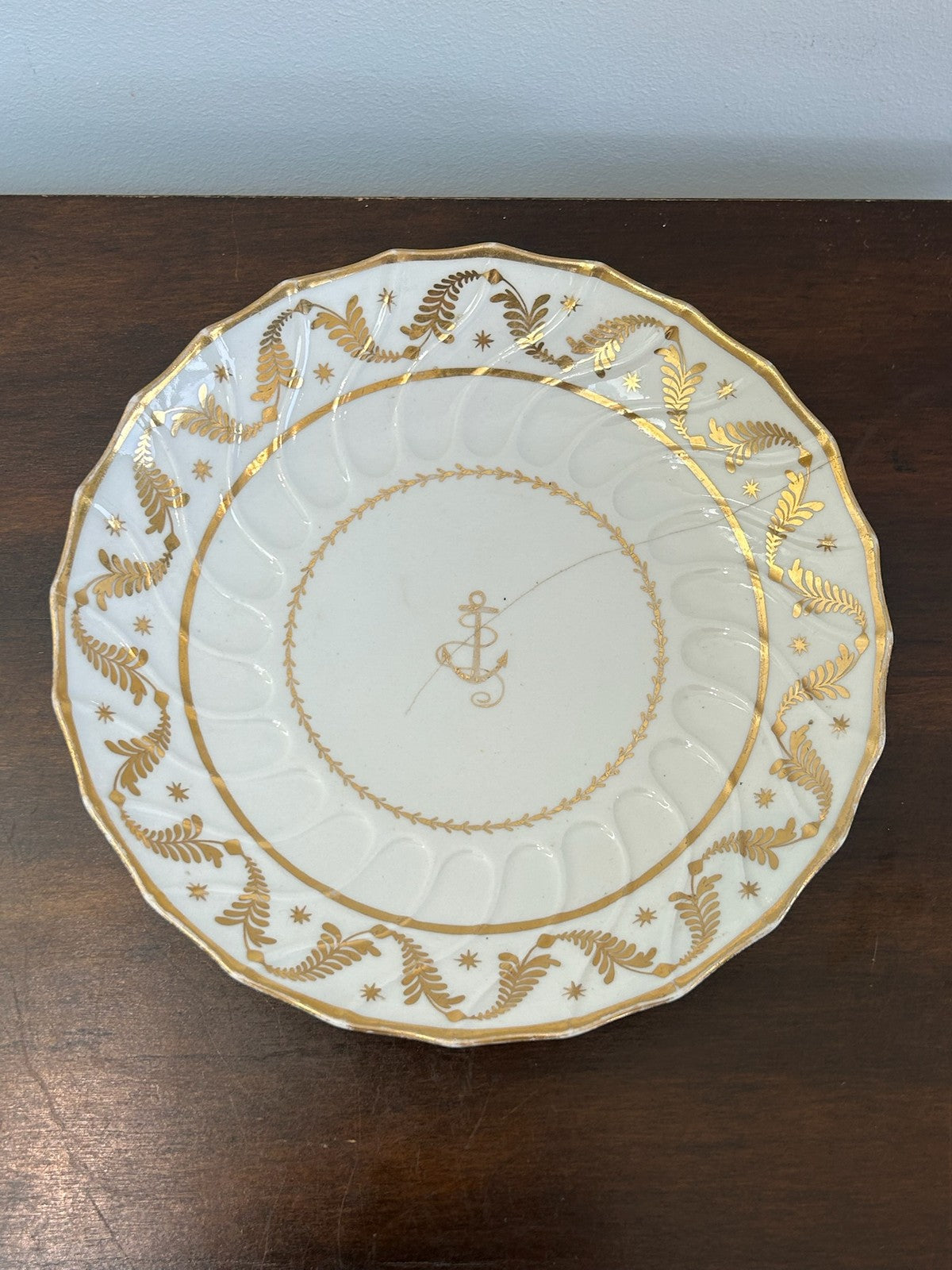 Antique Porcelain Dessert Plate Gilt Moulded Border Gilt Anchor Crest A/F0