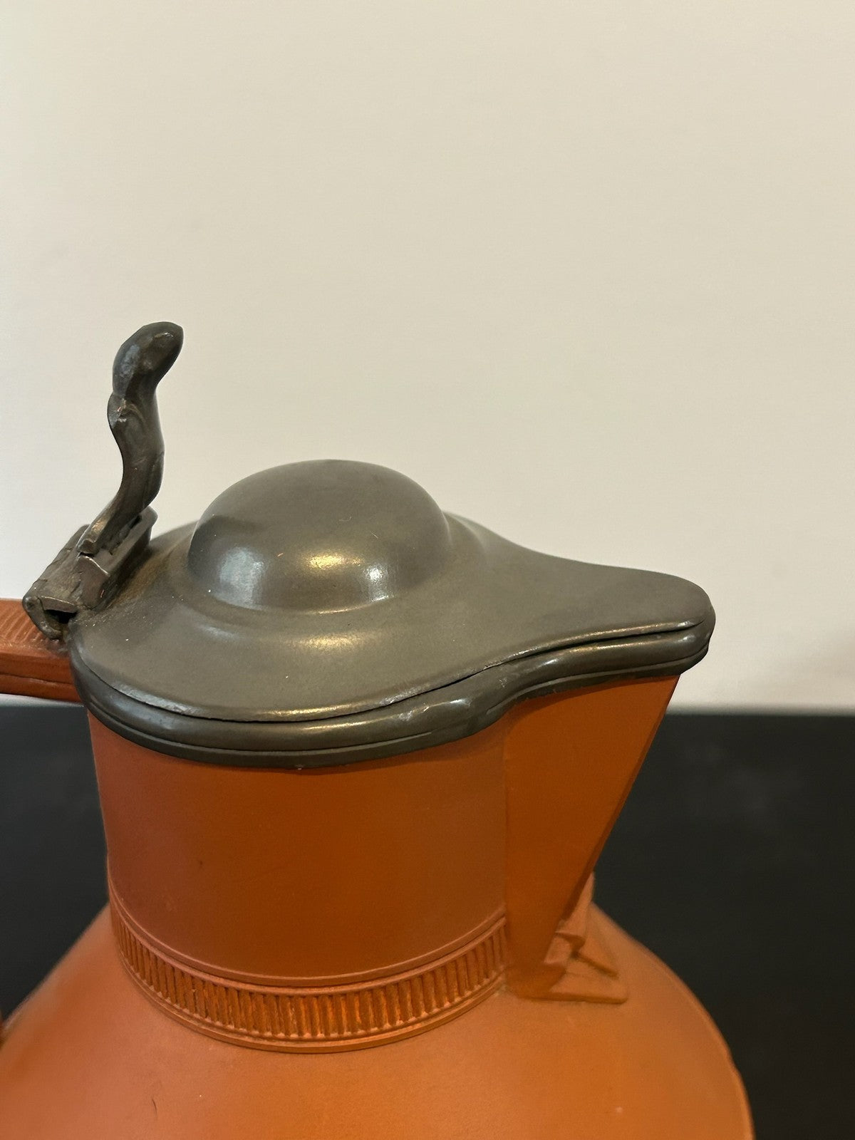 Antique Watcombe Torquay Terracotta Jug Pewter Lid Registered Design 1872 23cm4