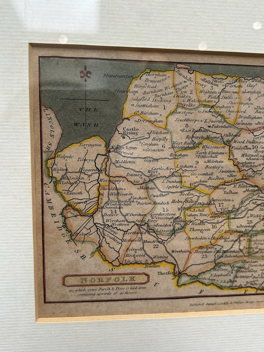 Antique Map of Norfolk Joshua Archer c1845 Hand Coloured Framed0
