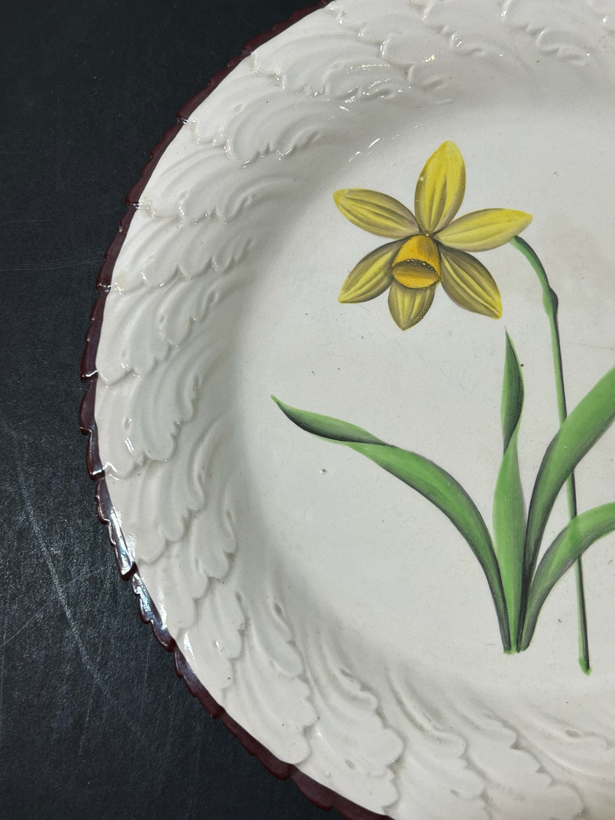 Antique Davenport Creamware Plate Hand Painted Daffodil Impressed Anchor AF1