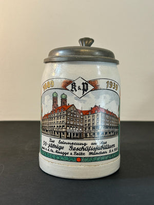 1939 Knagge & Peitz Munich 50 Year Jubilee Stoneware Beer Stein Pewter Lid