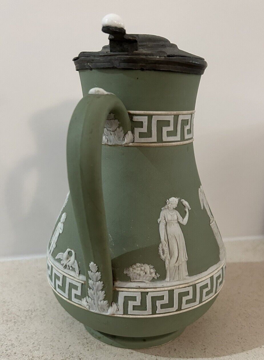 Wedgwood Pewter Lid Greek Key Green Milk Pitcher Jug