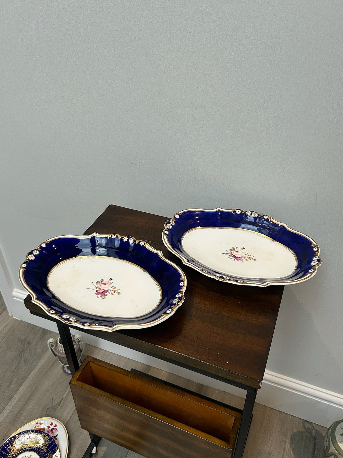 Pair Bloor Derby Oval Dessert Dishes Cobalt Gilt Borders Floral Sprays c.18301