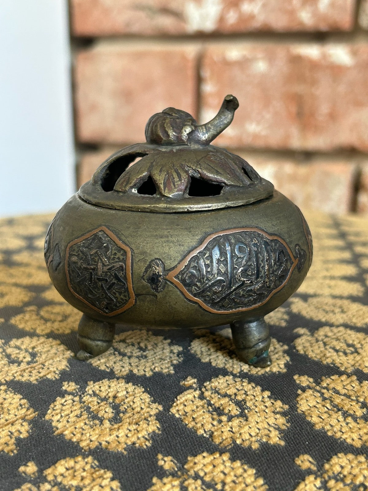 Antique Islamic Metal Incense Burner Censer Copper Calligraphy Panels Tripod3
