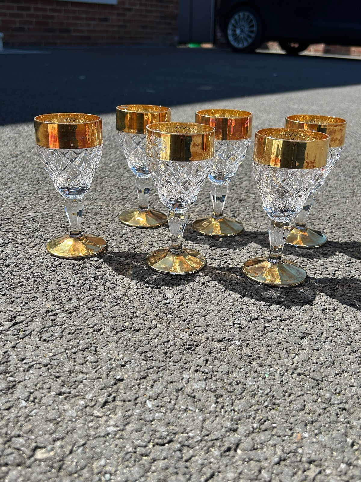 Set of 6 Bohemian Style Cut Crystal Wine Glasses Gilt Bands Enamelled Flowers15
