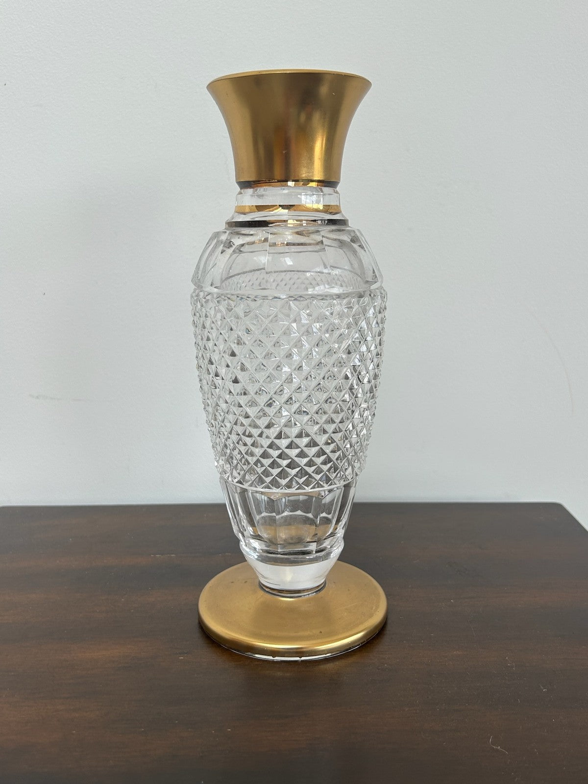 Bohemian Diamond Cut Crystal Vase Gilt Mounted Rim & Foot 25cm0