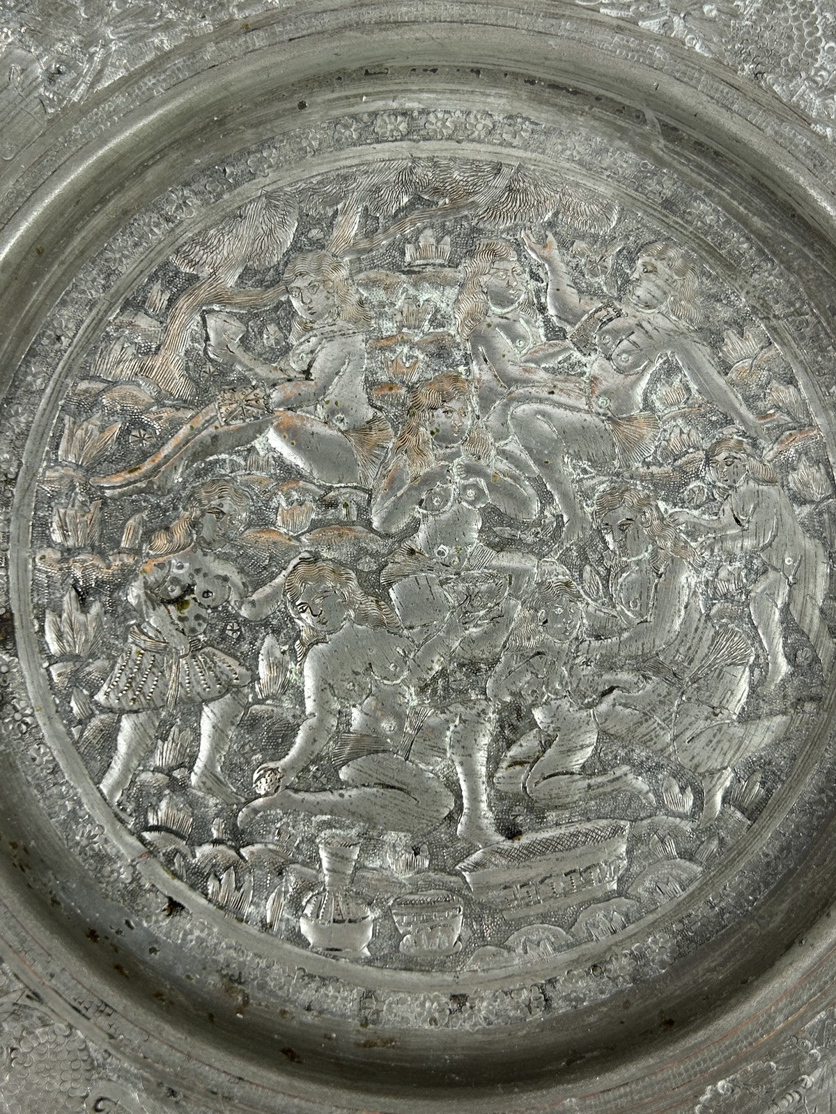 Antique Persian Silvered Copper Erotic Nude Figures Dish 23cm