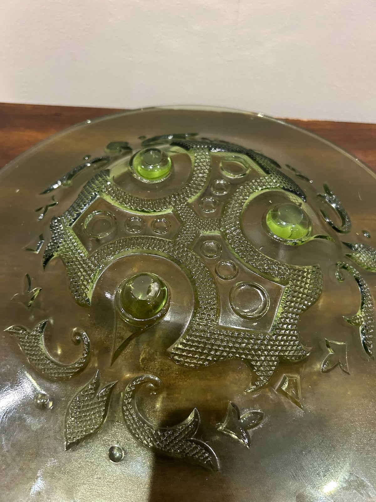 Green Pressed Glass Plate Moulded Dragon Scroll Relief5