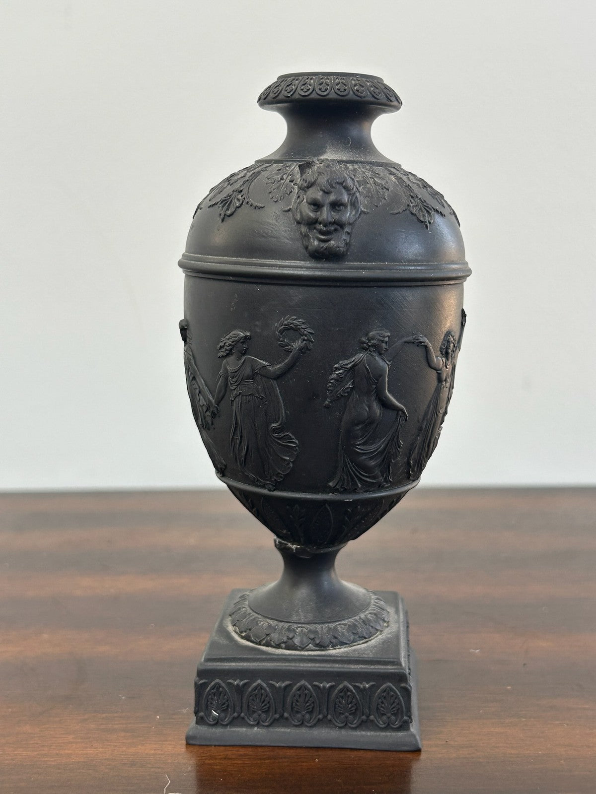 Wedgwood Black Basalt Urn Vase and Cover Square Plinth Classical Relief A/F3