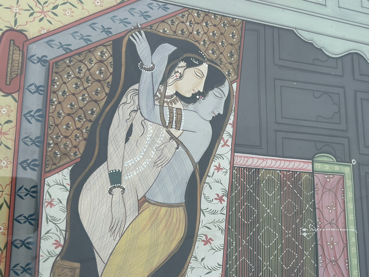 Set of 4 Framed Indian Paintings on Silk Vintage 1970s Love Scenes Large5