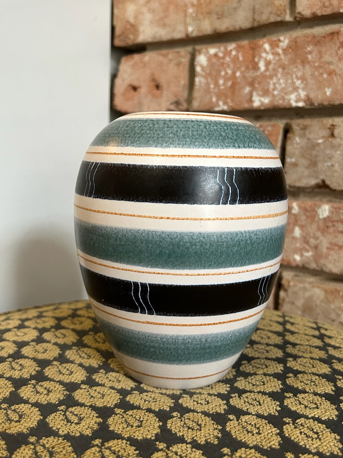 Vintage Pottery Vase Blue Black White Stripes Bands Retro Mid Century 31171