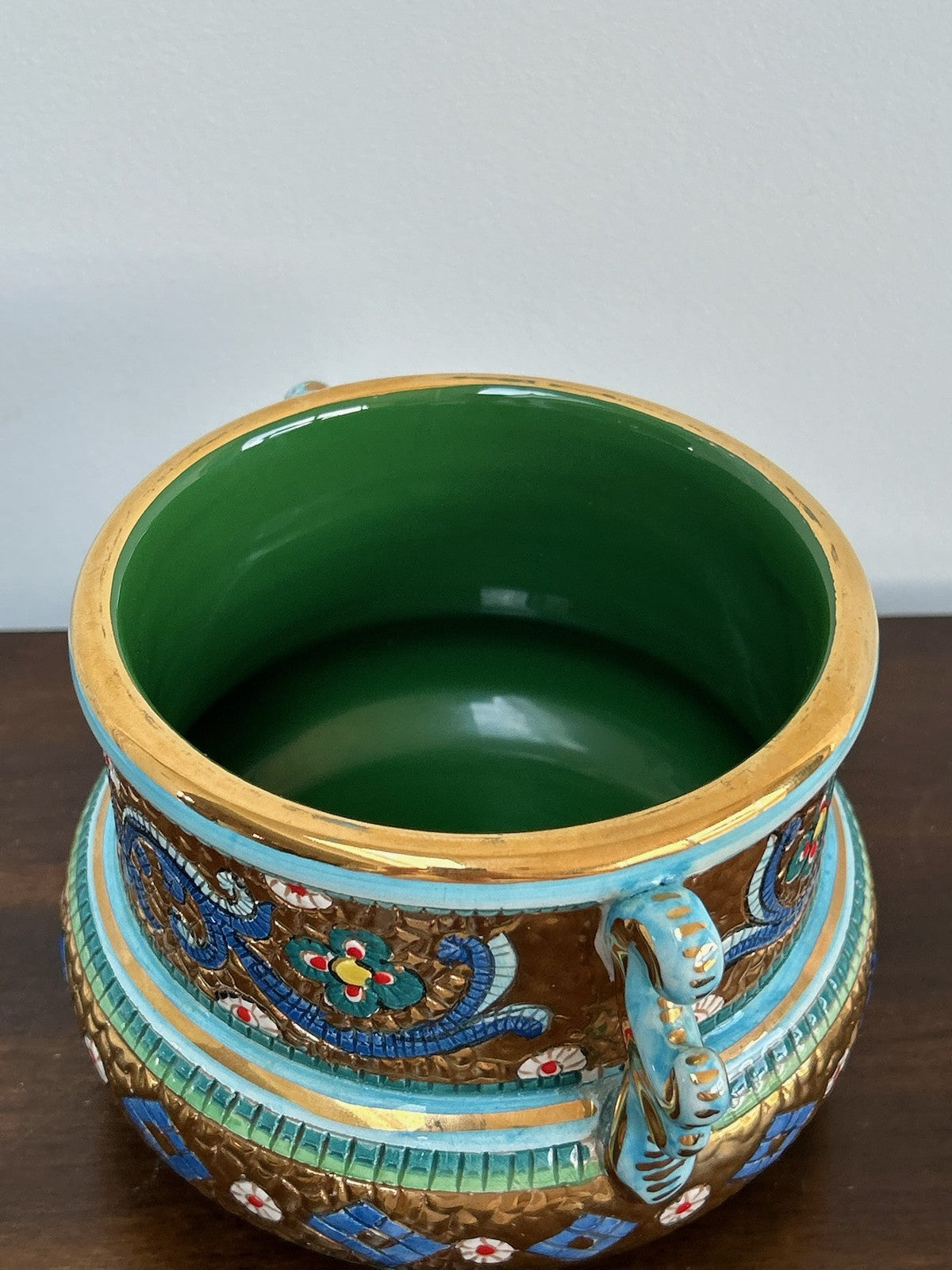 Italian Hand Painted Majolica Jardiniere Oro Zecchino Gilt Florets8