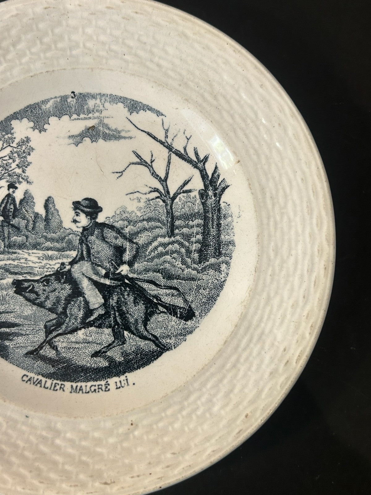 Antique French Transfer Plate Cavalier Malgre Lui Man Riding Boar Basketweave3