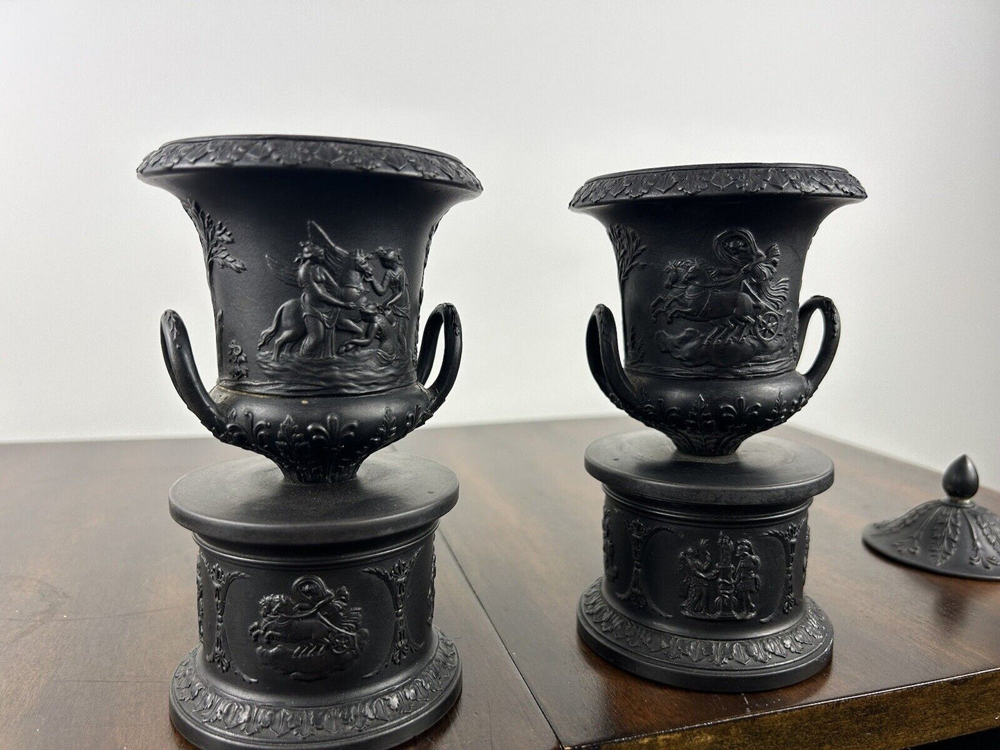 Pair Wedgwood Basalt Pedestal Urn Pair - 19th C Jasperware