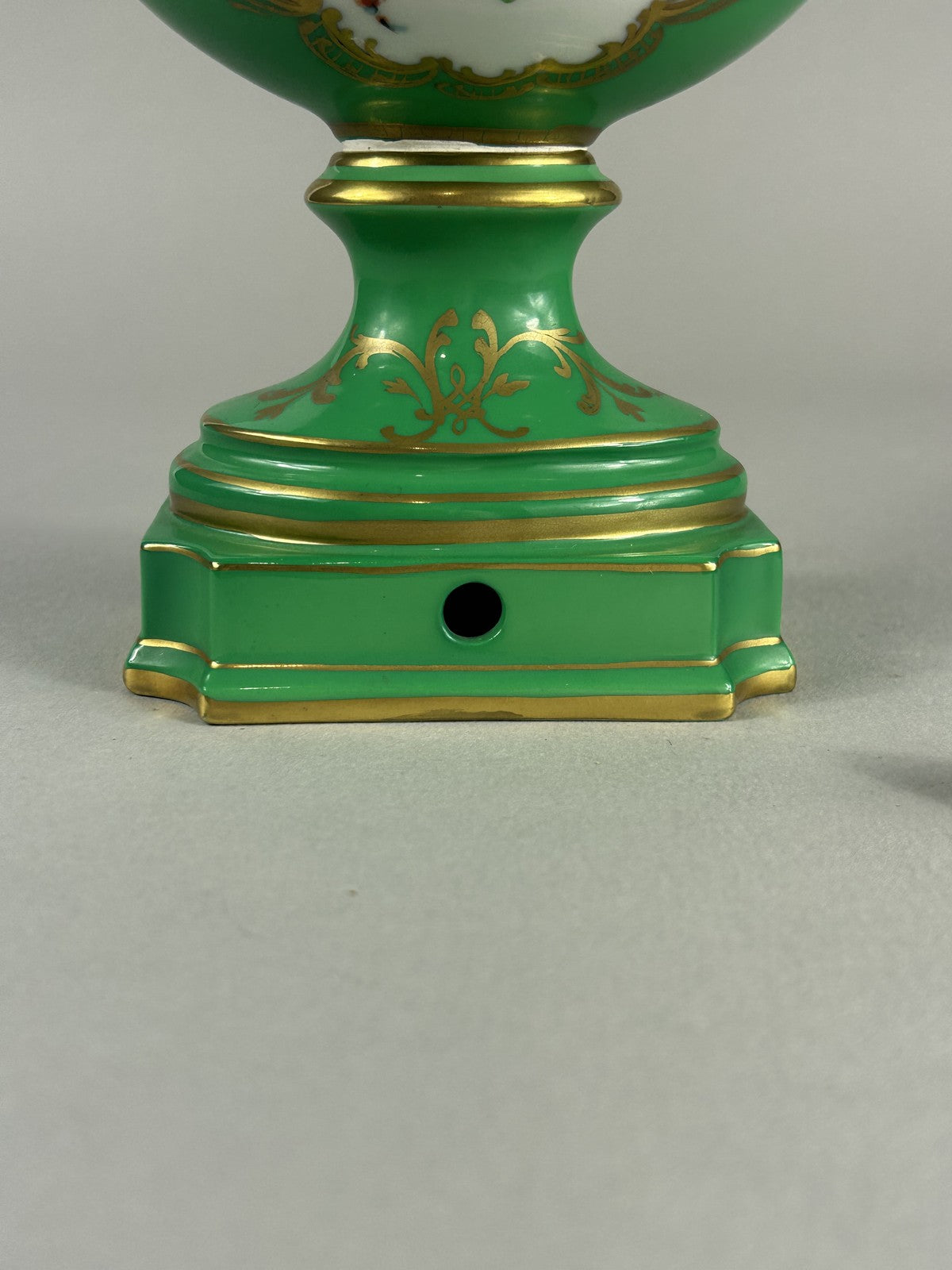 Dresden green porcelain ram’s head lamp base vase with finial