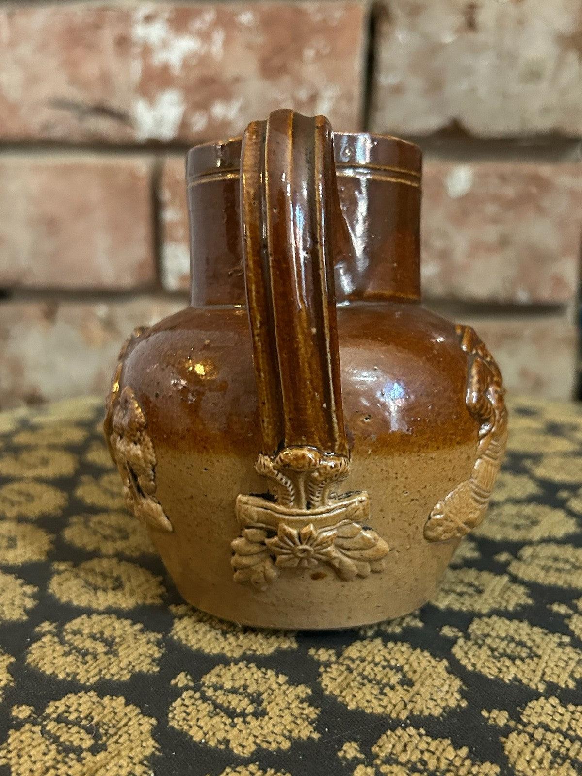 Antique Brown Salt Glaze Stoneware Jug Sprigged Hunting Relief Doulton Style3