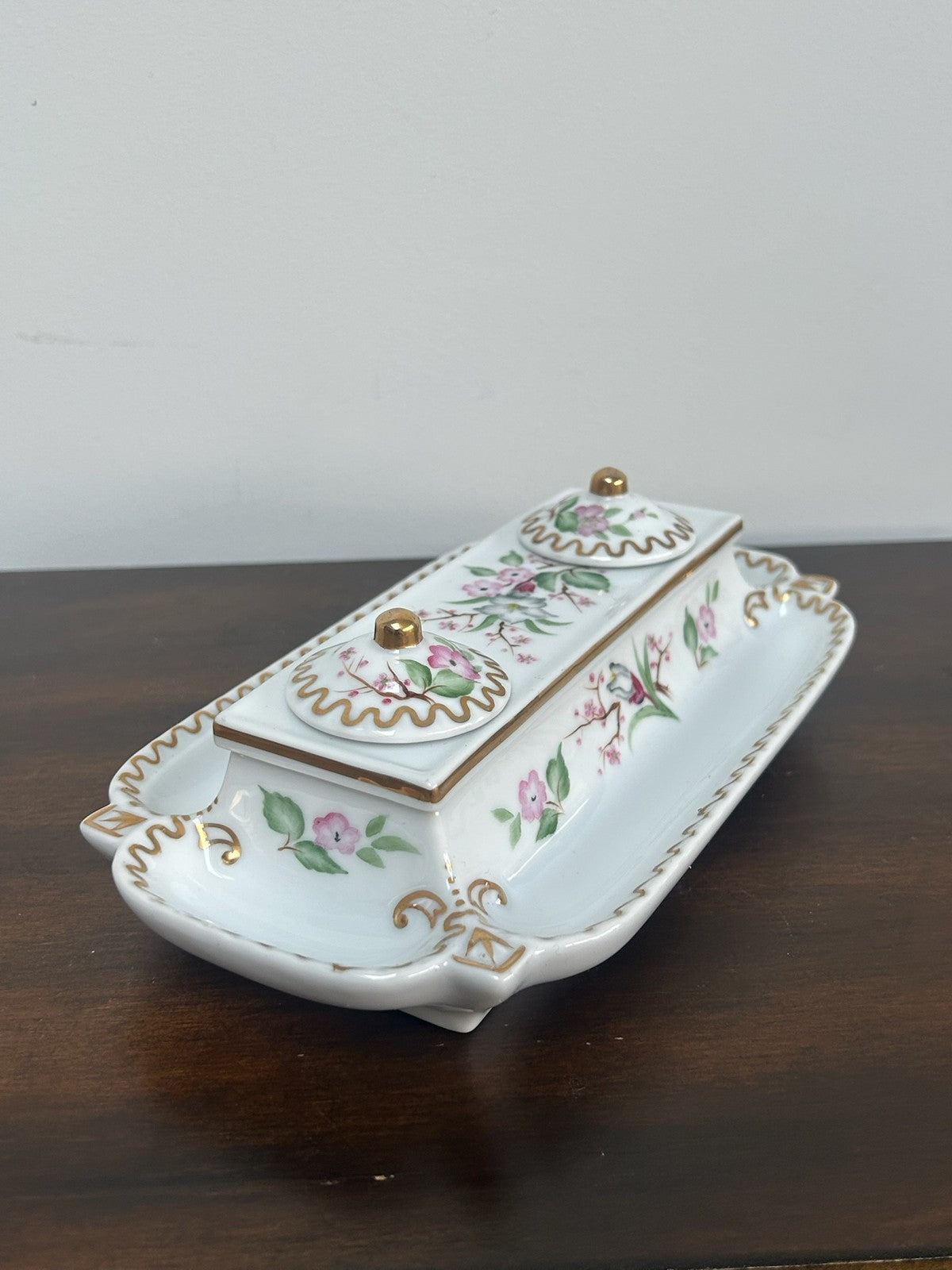 Continental Porcelain Inkstand Pen Tray Prunus Floral Gilt with Lids4