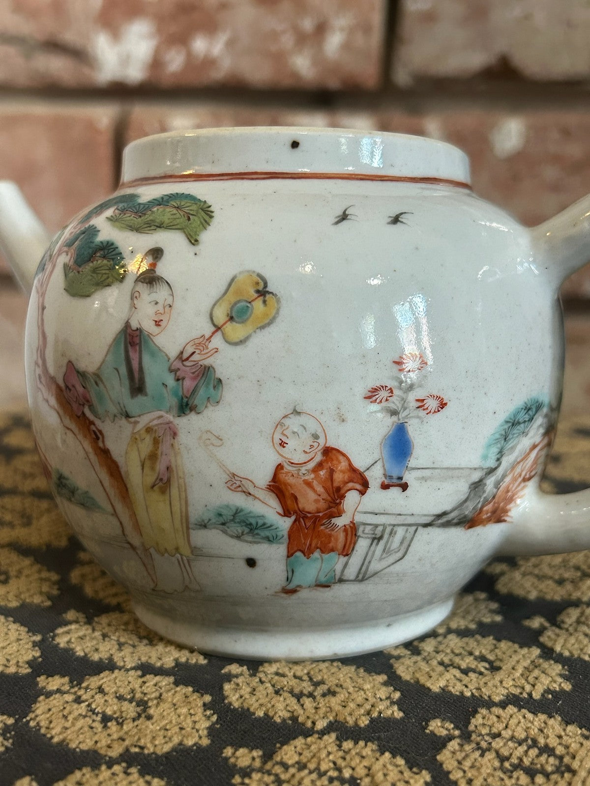 Antique Chinese Export Famille Rose Teapot Figures Under Tree Hand Painted19