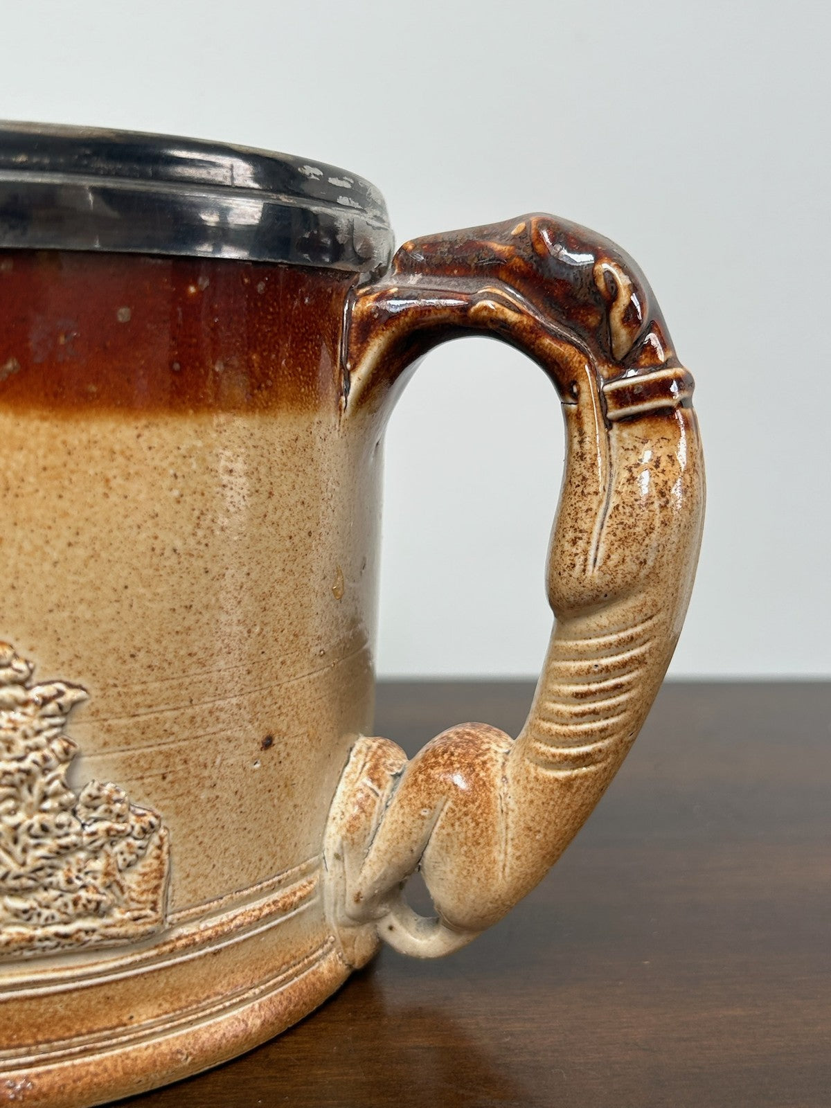 Antique Salt Glaze Stoneware Tankard Hunting Scene 19thC Brown Relief3