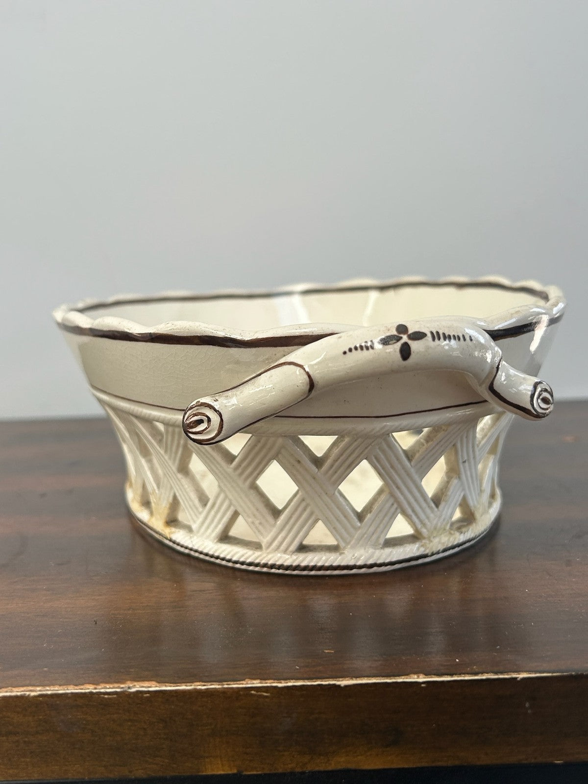 Antique Creamware Twin Handled Pierced Oval Basket A/F4