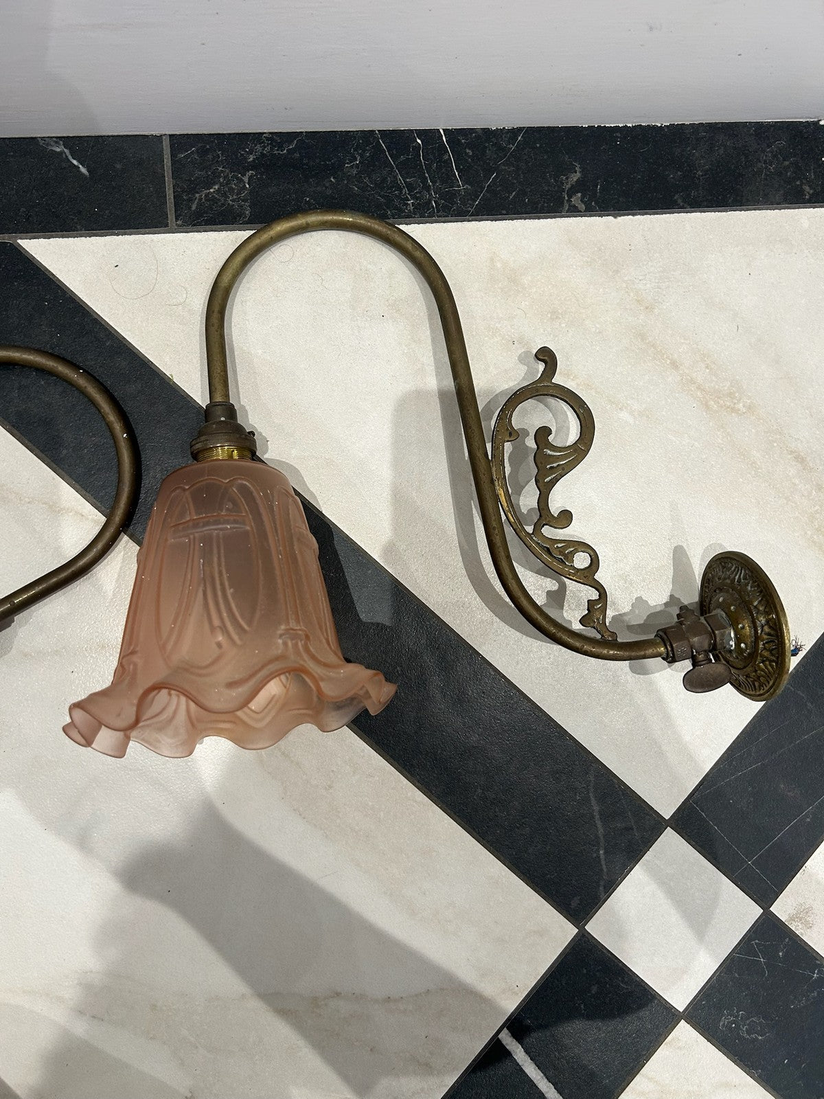 Pair Brass Wall Lights c.1900 Satin Pink Art Nouveau Frosted Glass Shades7