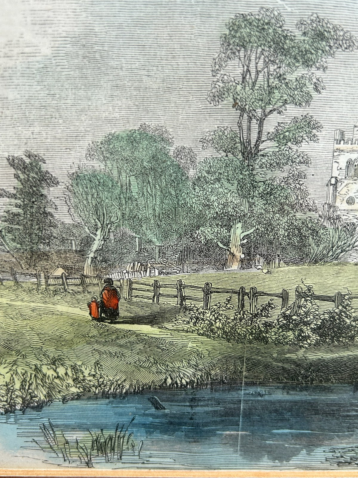 Framed Hand Coloured Engraving Country Church c.1846 Antique Print2