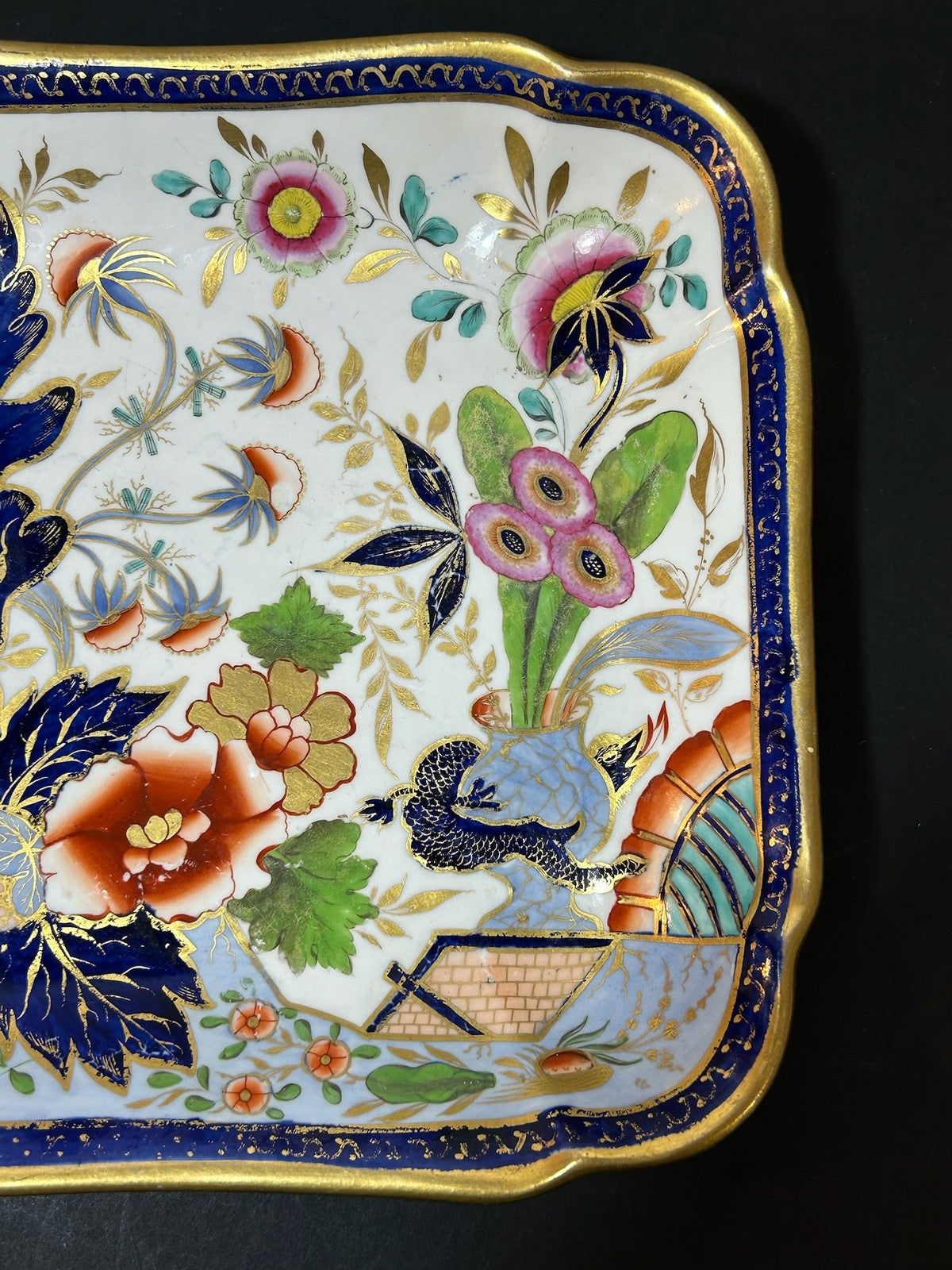 Antique Coalport Porcelain Imari Square Dessert Dish Cobalt Gilt Peony c18152