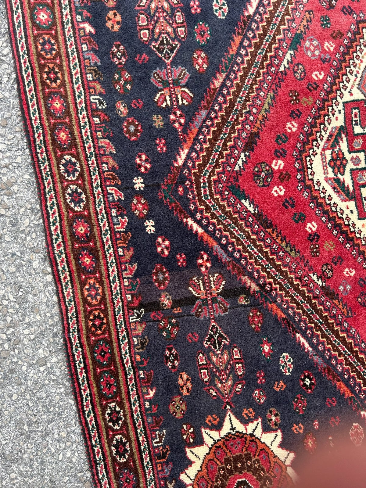 Vintage Oriental Rug Red Navy Central Medallion Floral Pattern Wool Fringed4