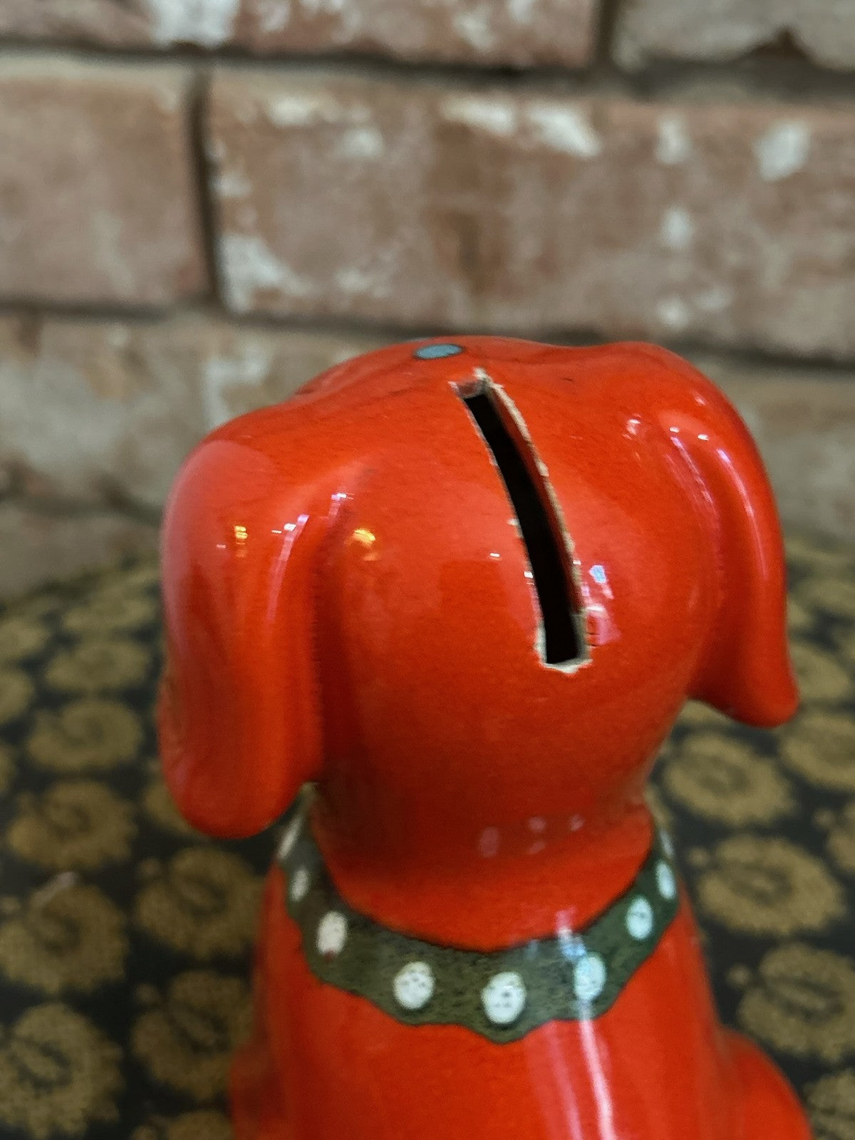 Vintage Red Ceramic Dog Money Box Glossy Glaze Seated Puppy Piggy Bank3