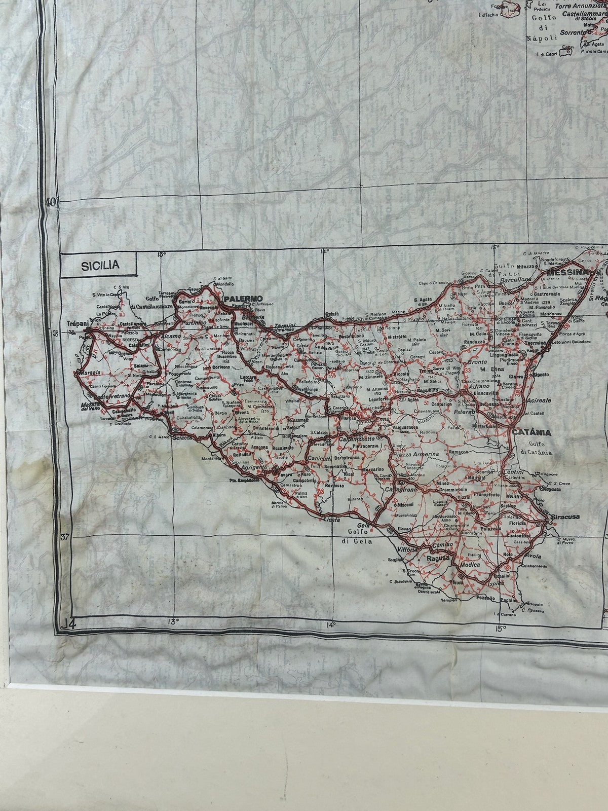 WWII MI9 Silk Escape Map Italy Sicily Sheet J4 1:1,378,000 RAF Evasion Framed3