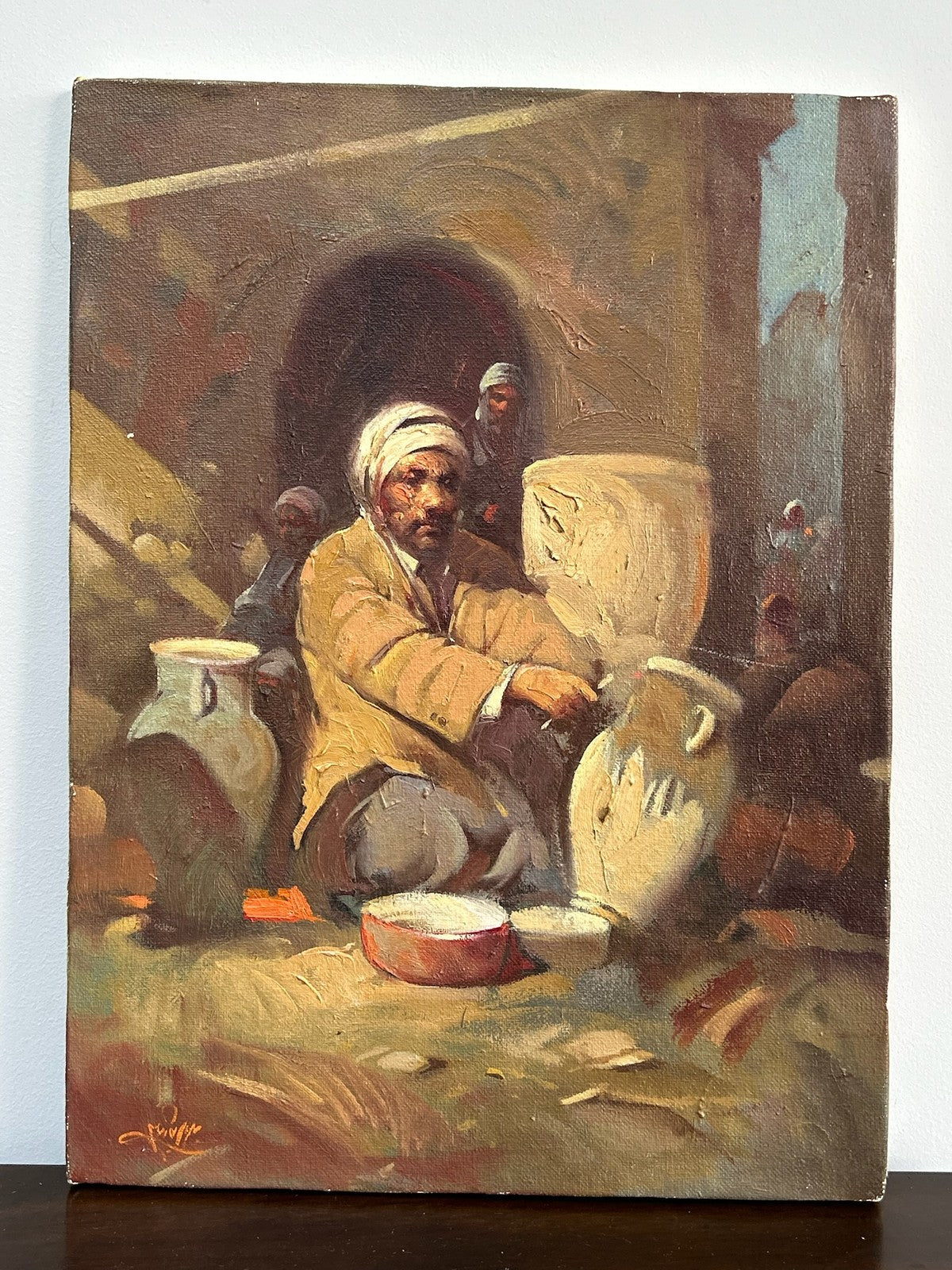 Orientalist Oil Painting Arab Water Seller Among Jars Signed Framed0
