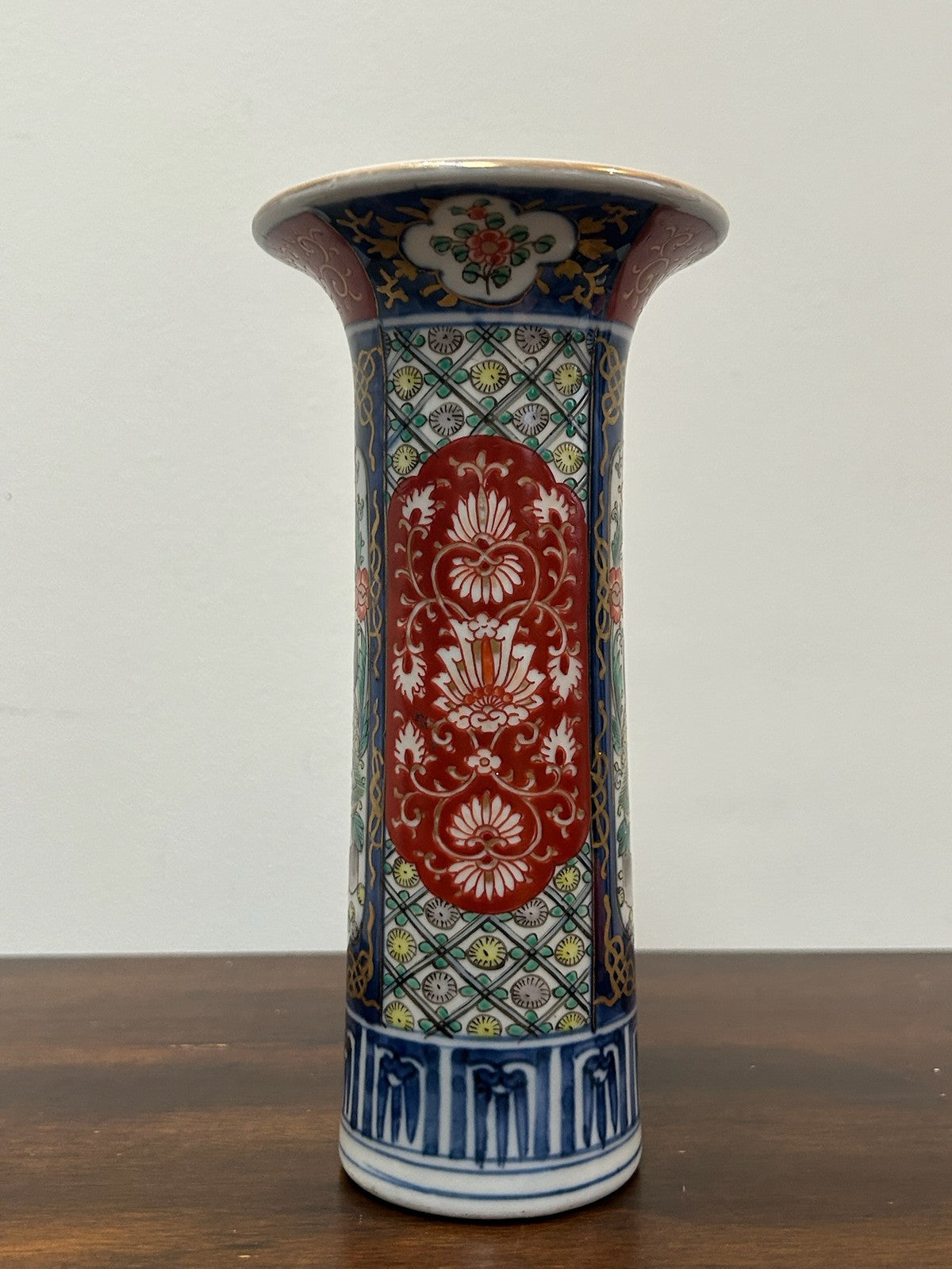 Antique Japanese Arita Imari Sleeve Vase Blue Iron Red Gilt Panels2