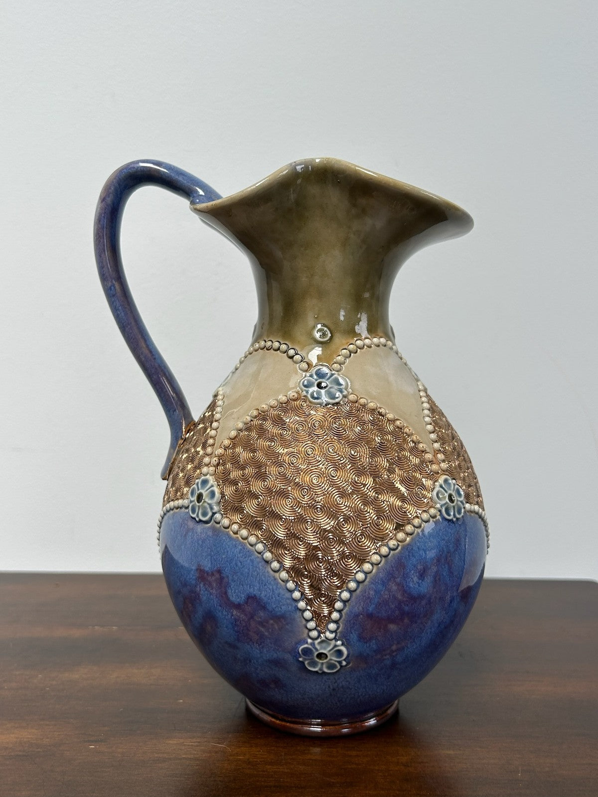Pair Royal Doulton Stoneware Ewers Jugs Blue & Brown Beaded 22cm3