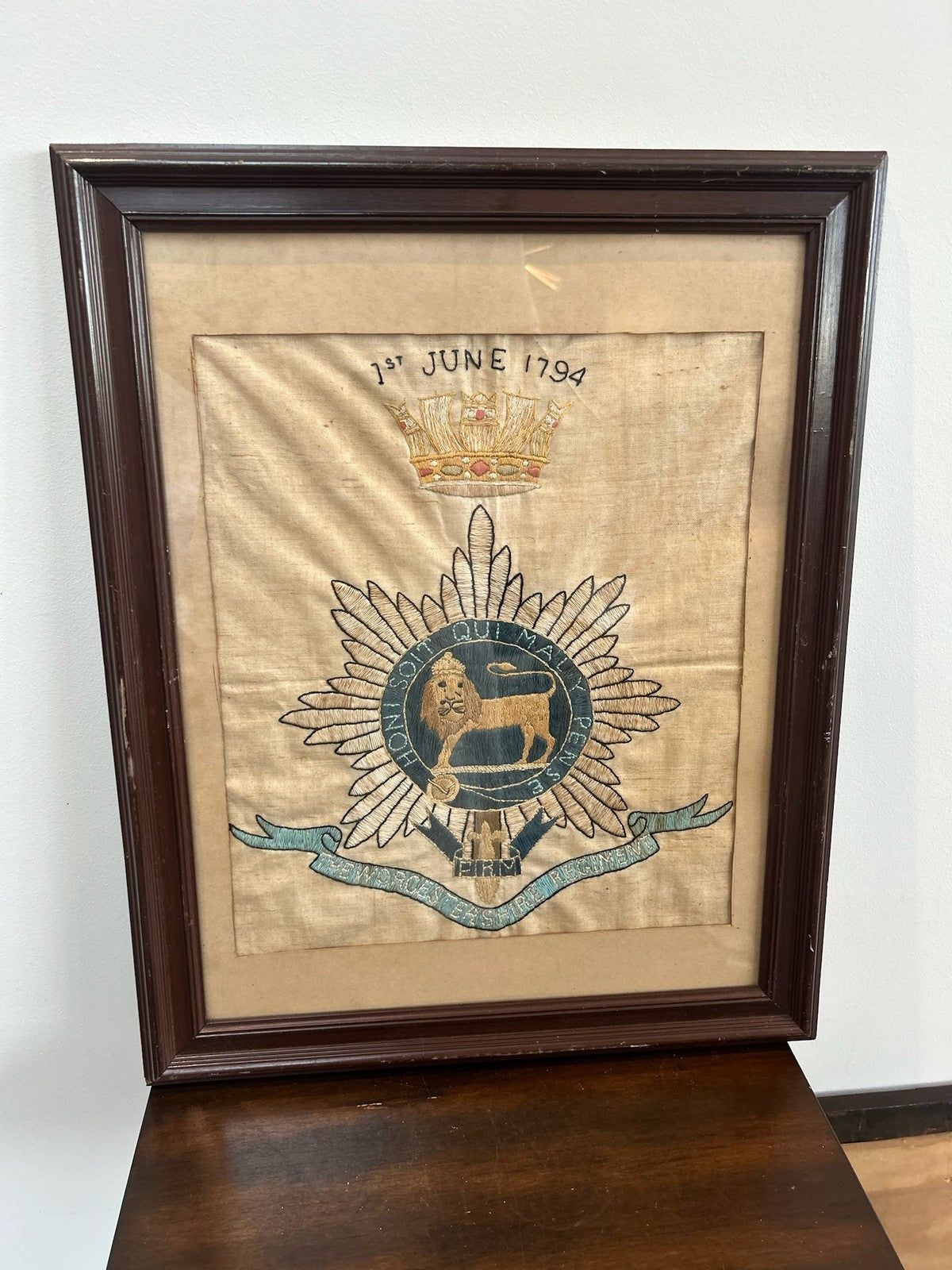 Antique Framed Embroidered Silk Regimental Badge Paschal Lamb0