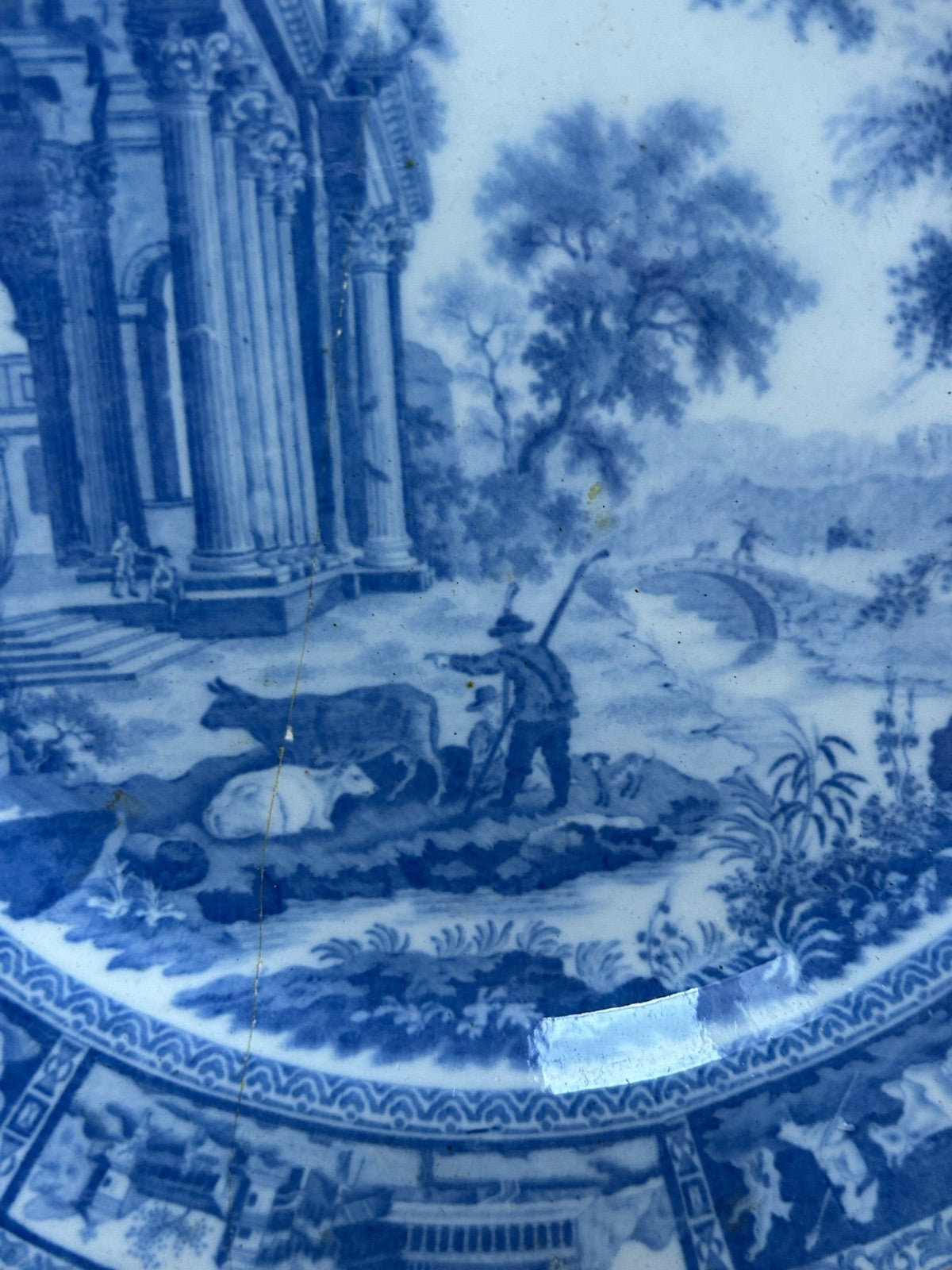 Antique Staffordshire Blue White Transferware Plate Ruins Landscape c18205