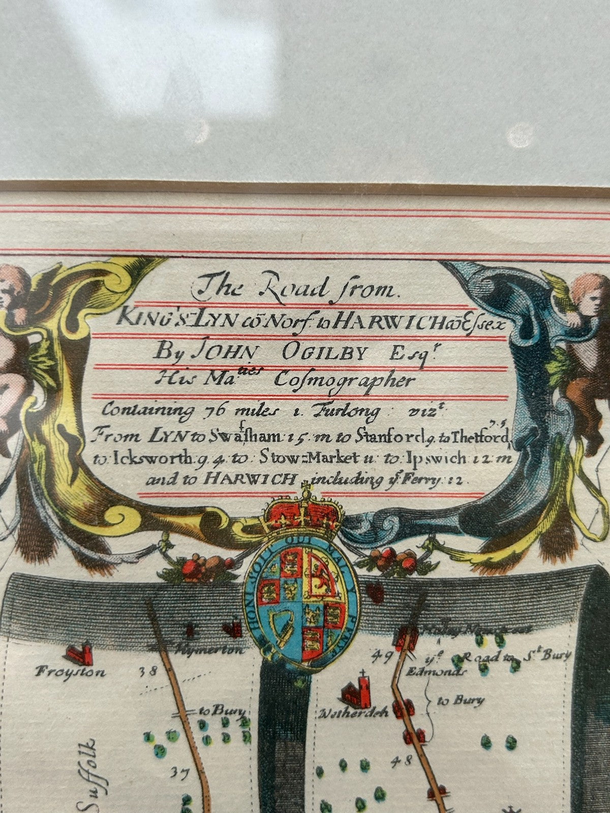 Pair John Ogilby Britannia Strip Road Maps Norfolk c1675 Hand Coloured Framed2