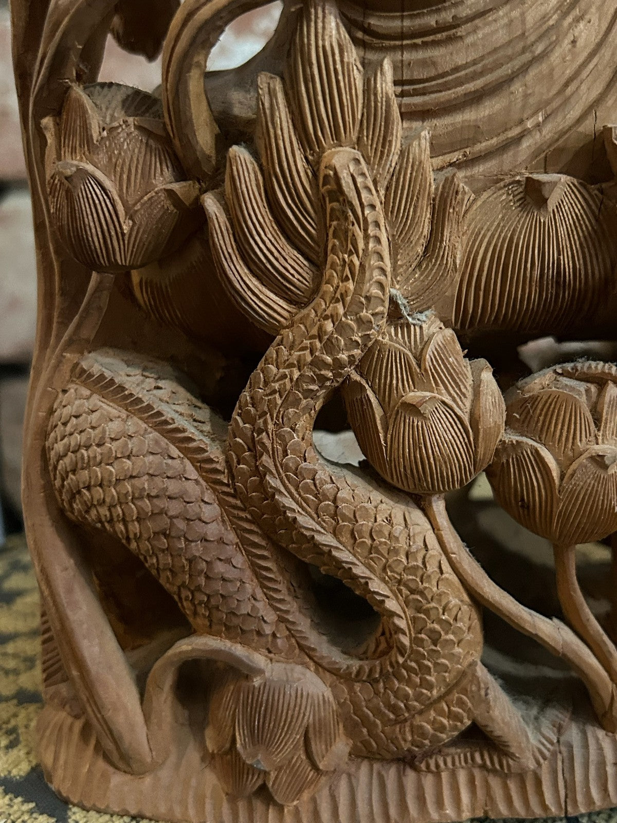 Chinese Carved Wood Guanyin Figure Group Dragons Lotus Deeply Carved Panel16